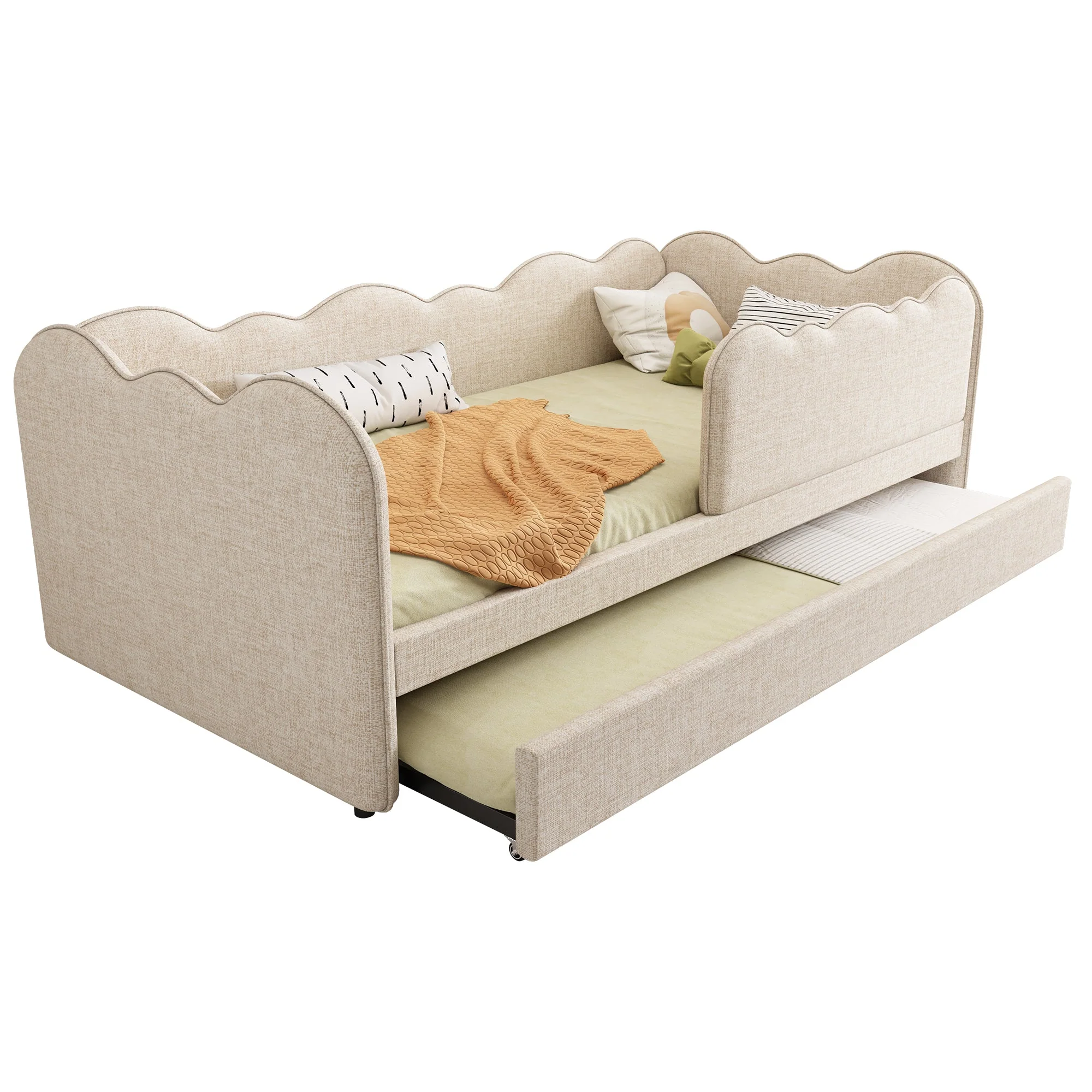 Upholstered Daybed Sofa Bed 90x190cm, Pull-out Bed Slatted Base, Linen Beige - Image 7