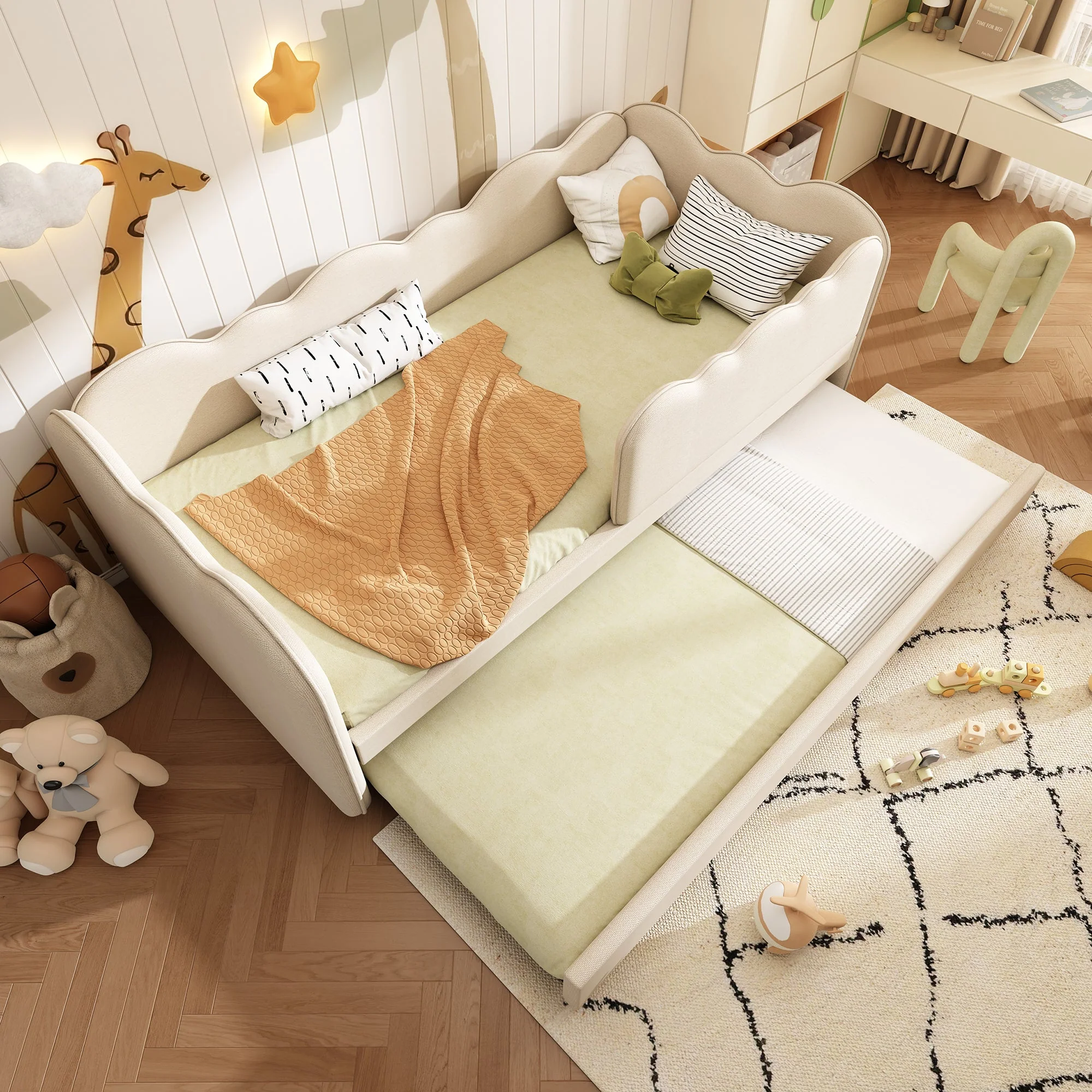 Upholstered Daybed Sofa Bed 90x190cm, Pull-out Bed Slatted Base, Linen Beige - Image 8
