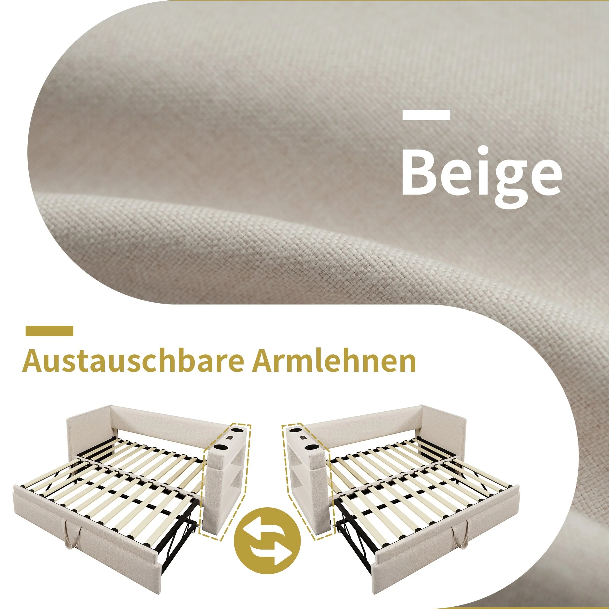 Upholstered Daybed Sofa Bed 90x190cm Pull-Out USB/Type-C Charger, Beige Linen Blend - Image 5