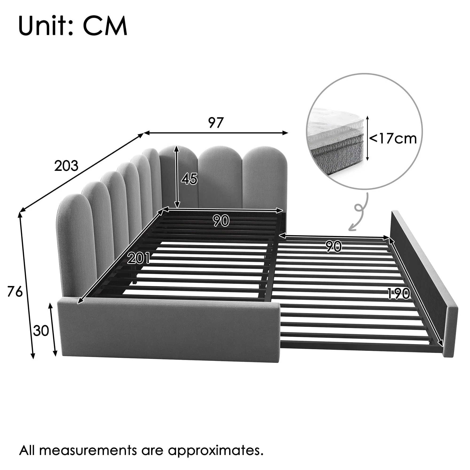 Upholstered Daybed Sofa Bed 90x200cm Pull-Out Slatted Frame, Velvet Grey - Image 2