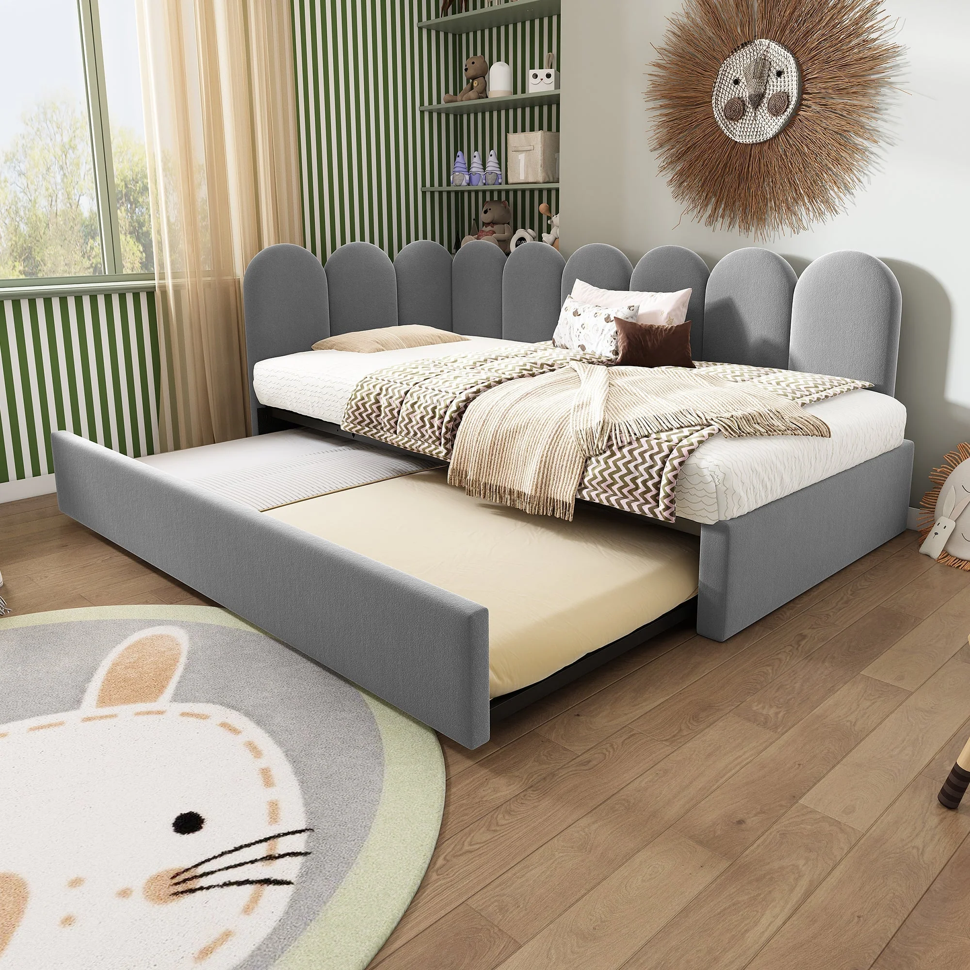 Upholstered Daybed Sofa Bed 90x200cm Pull-Out Slatted Frame, Velvet Grey - Image 4