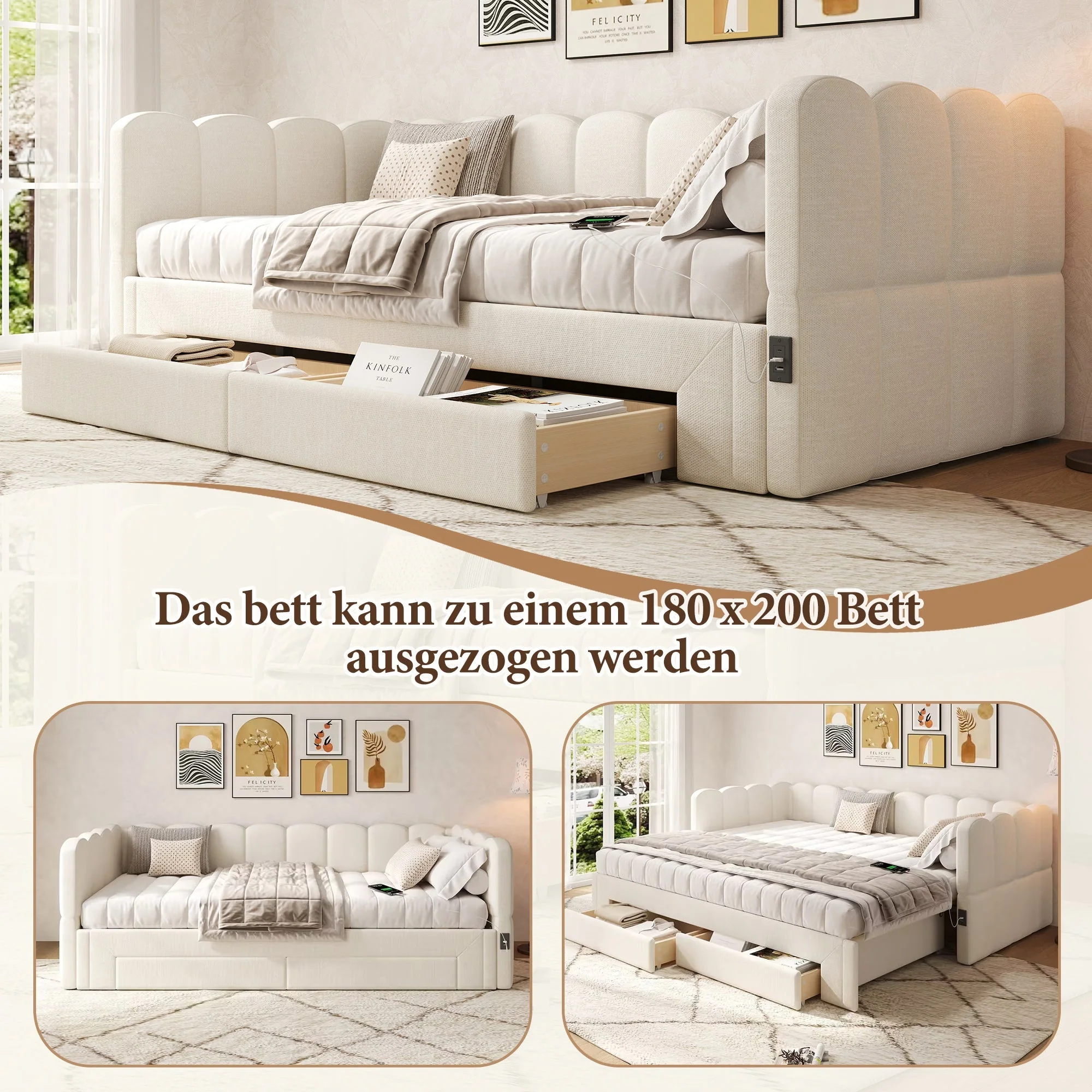 Upholstered Daybed Sofa Bed Extendable 90x200cm Storage Drawers USB Port Beige Linen - Image 6