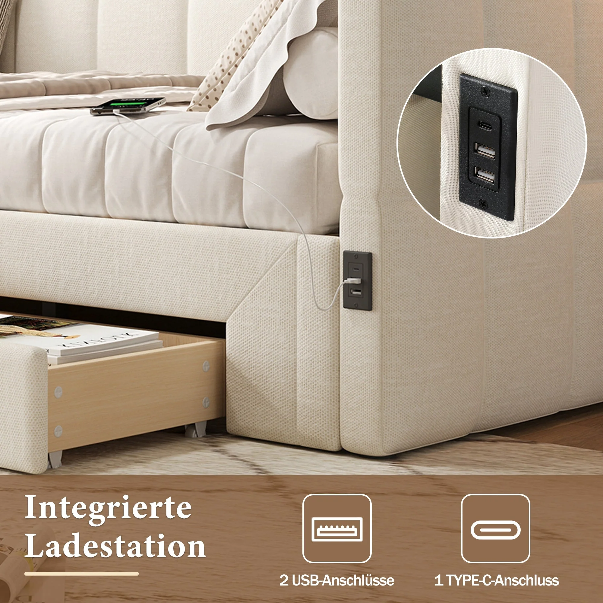 Upholstered Daybed Sofa Bed Extendable 90x200cm Storage Drawers USB Port Beige Linen - Image 7