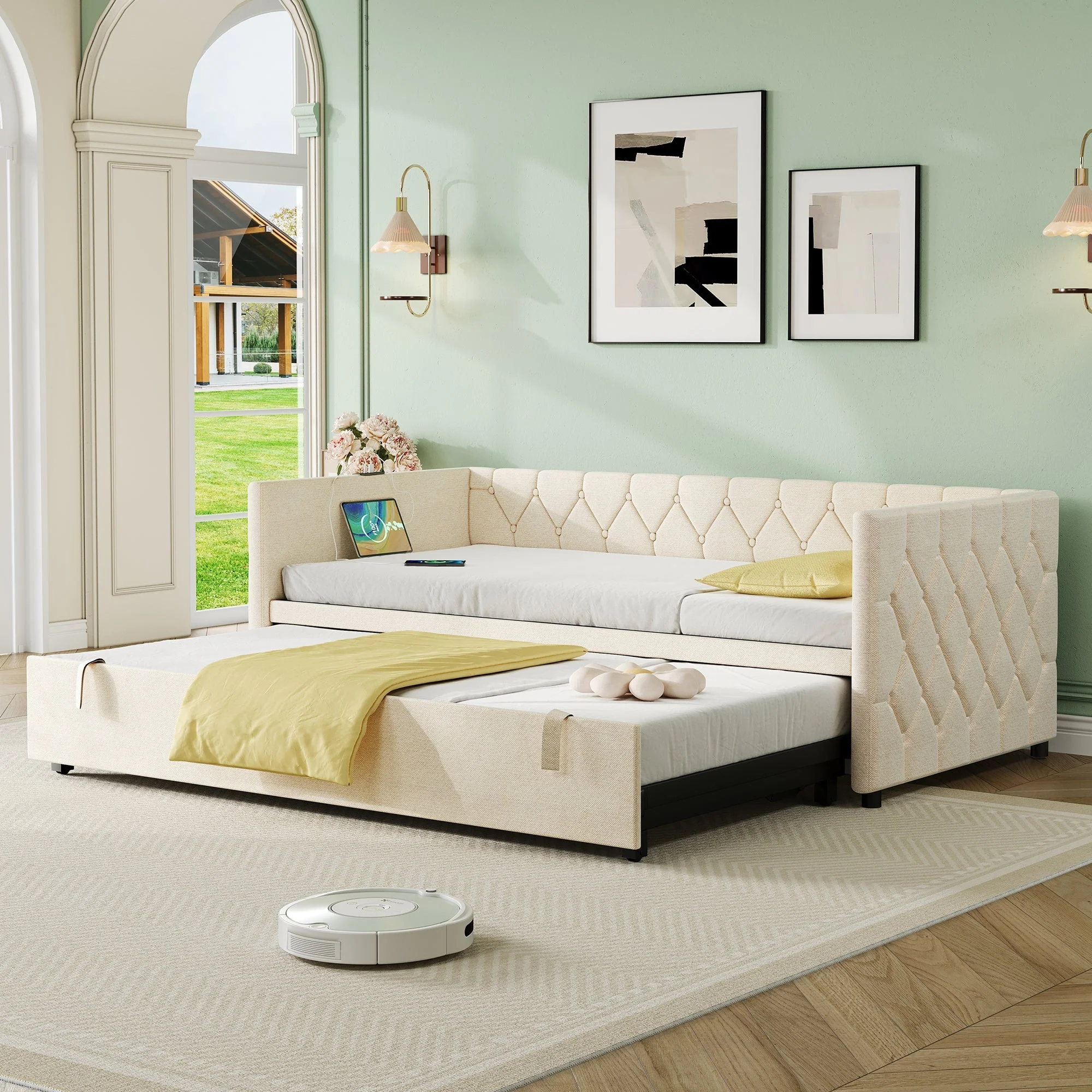Upholstered Daybed Sofa Bed with Charging Station USB and Type-C Ports Pull Out Trundle Bed, Linen Beige - Image 3