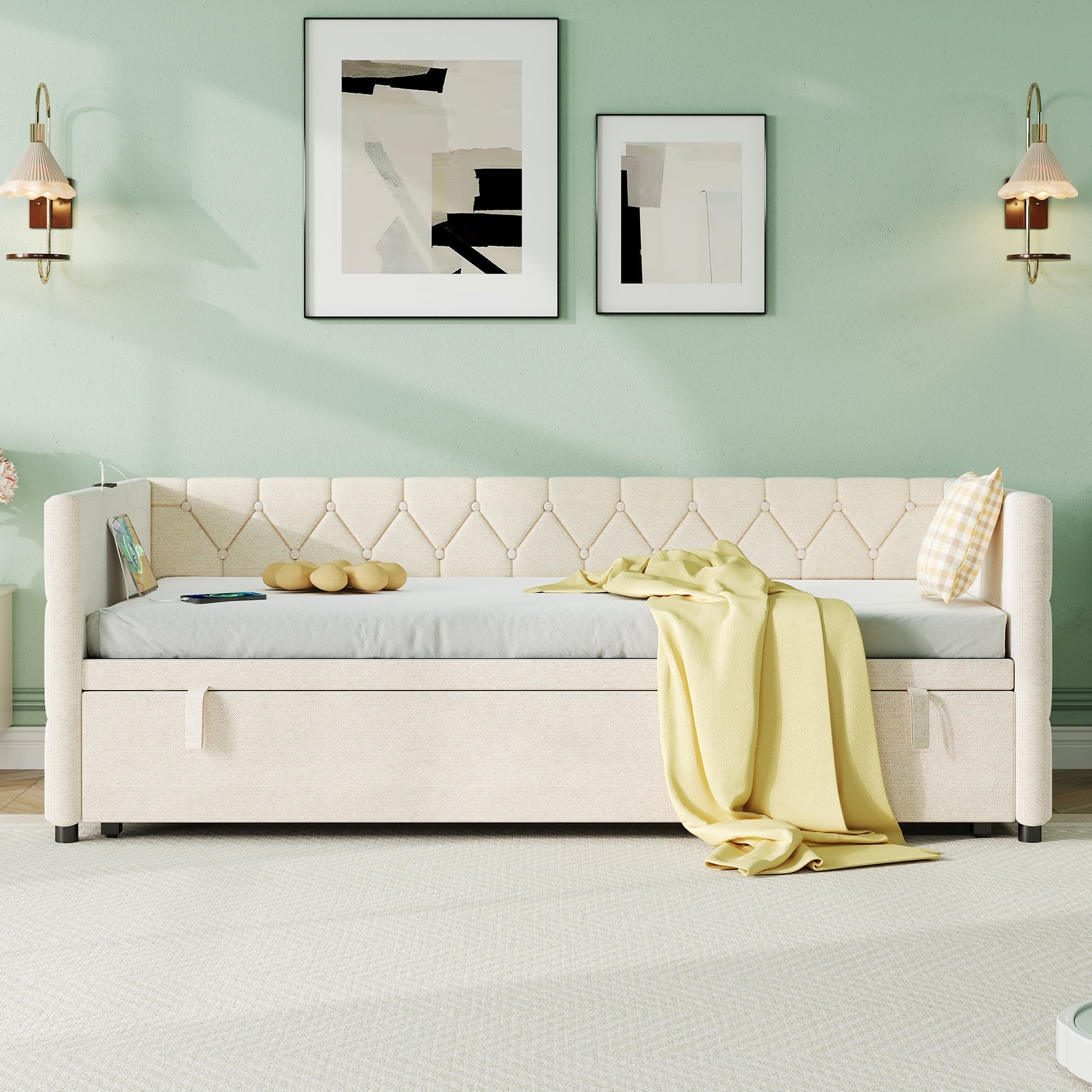 Upholstered Daybed Sofa Bed with Charging Station USB and Type-C Ports Pull Out Trundle Bed, Linen Beige - Image 4