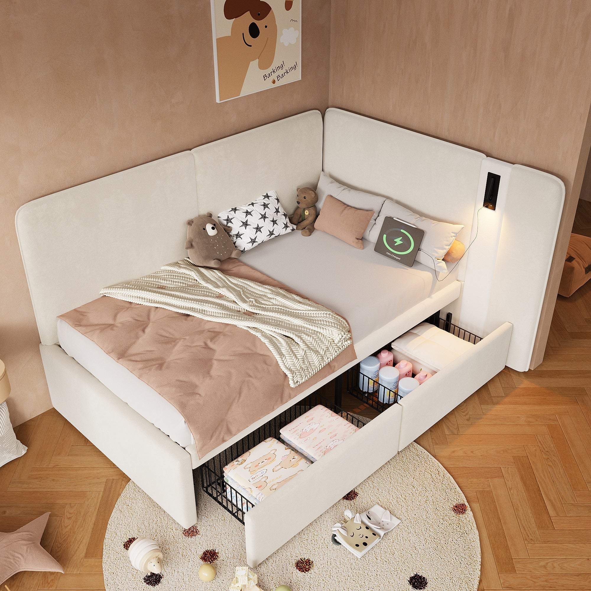 Upholstered Daybed with 2 Drawers, USB Charging Port and Reading Lamp, 90x200cm, Beige Velvet - Image 4