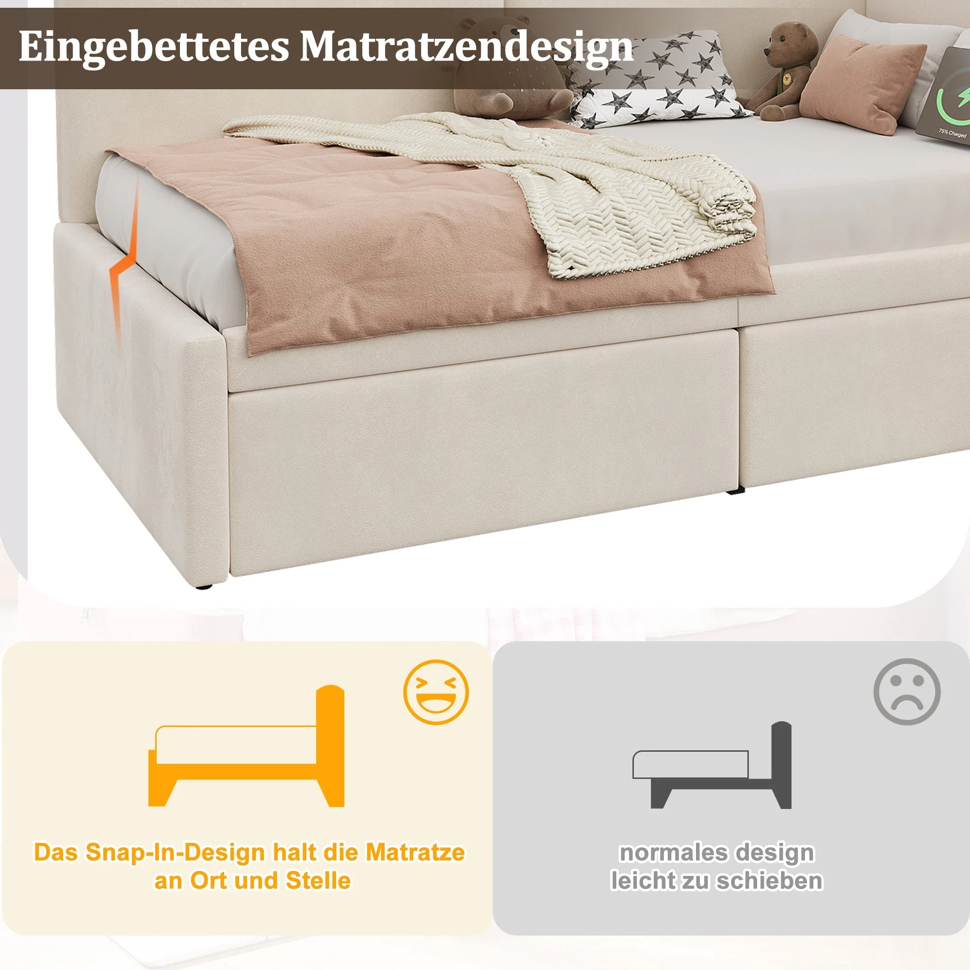 Upholstered Daybed with 2 Drawers, USB Charging Port and Reading Lamp, 90x200cm, Beige Velvet - Image 5