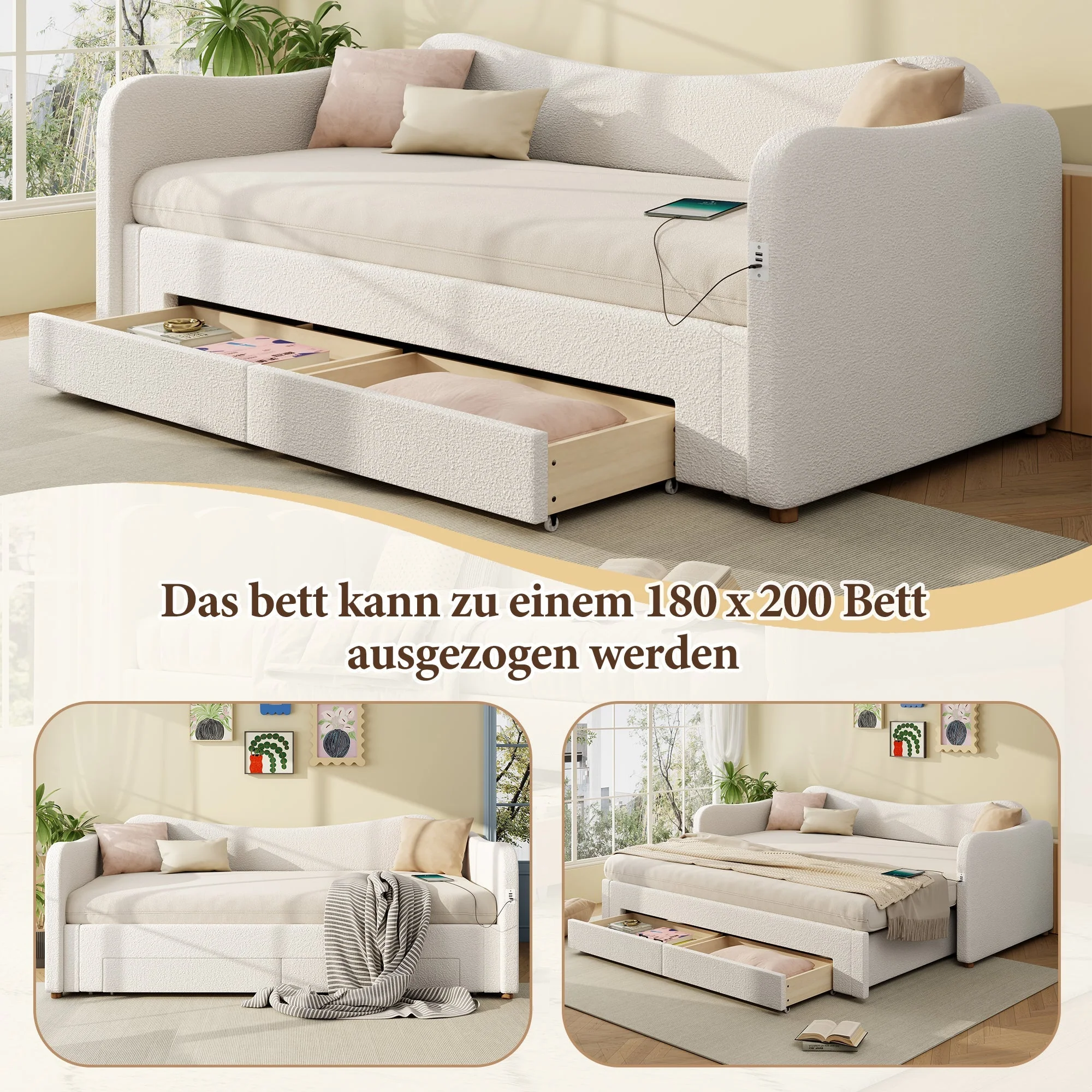 Upholstered Daybed with 2 Drawers, USB Port and Extendable Frame, 90-180x200cm, Beige Bouclé - Image 4