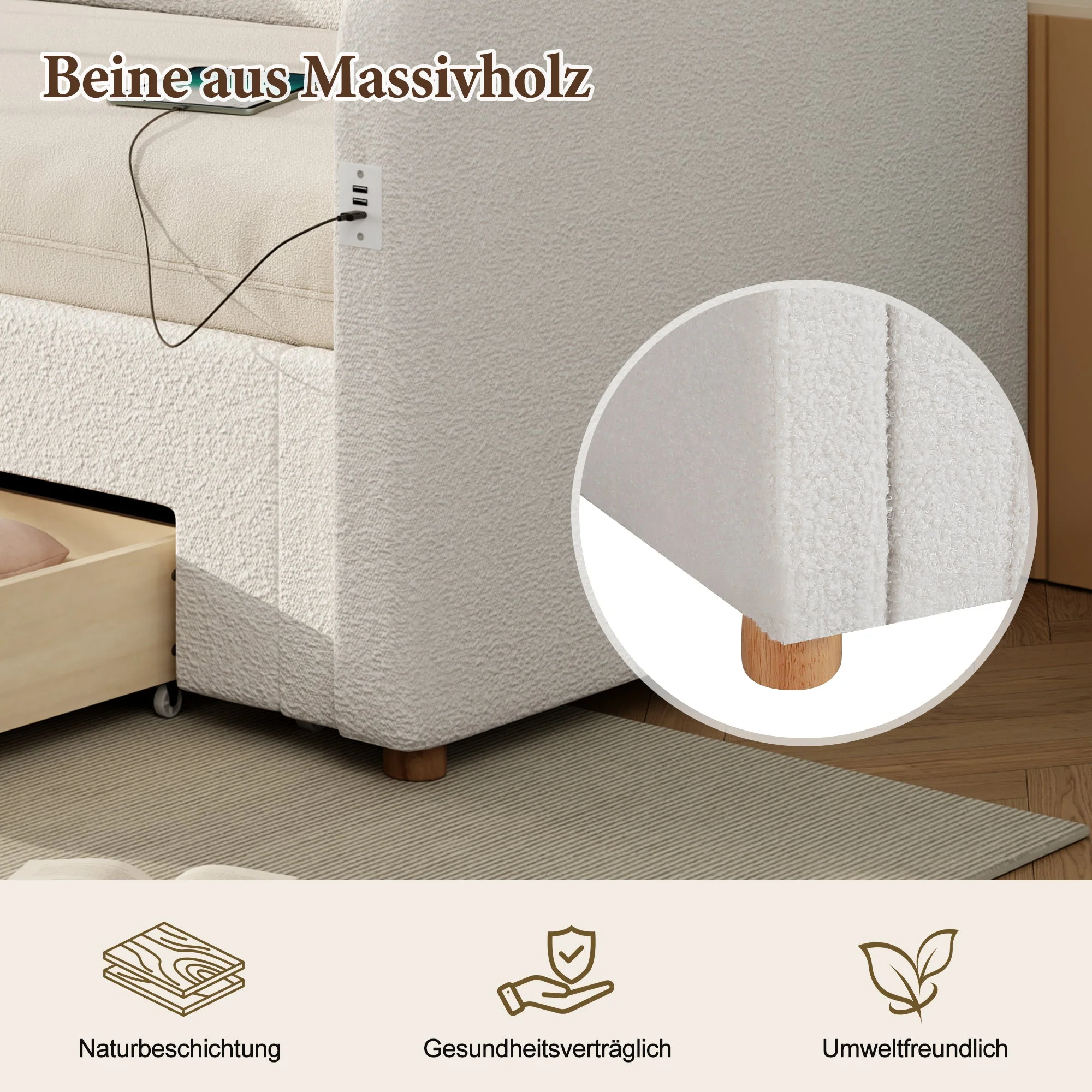 Upholstered Daybed with 2 Drawers, USB Port and Extendable Frame, 90-180x200cm, Beige Bouclé - Image 6