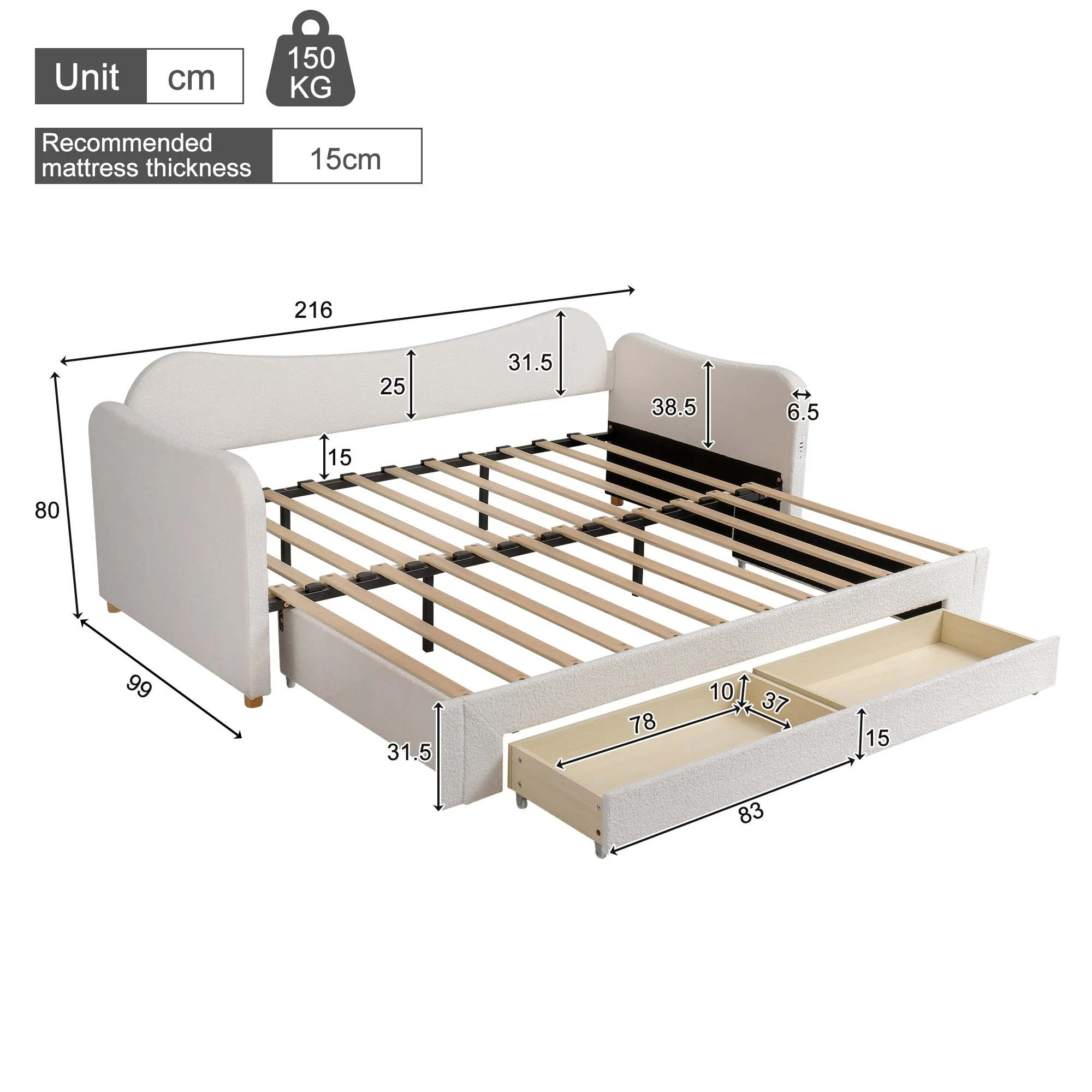 Upholstered Daybed with 2 Drawers, USB Port and Extendable Frame, 90-180x200cm, Beige Bouclé - Image 7