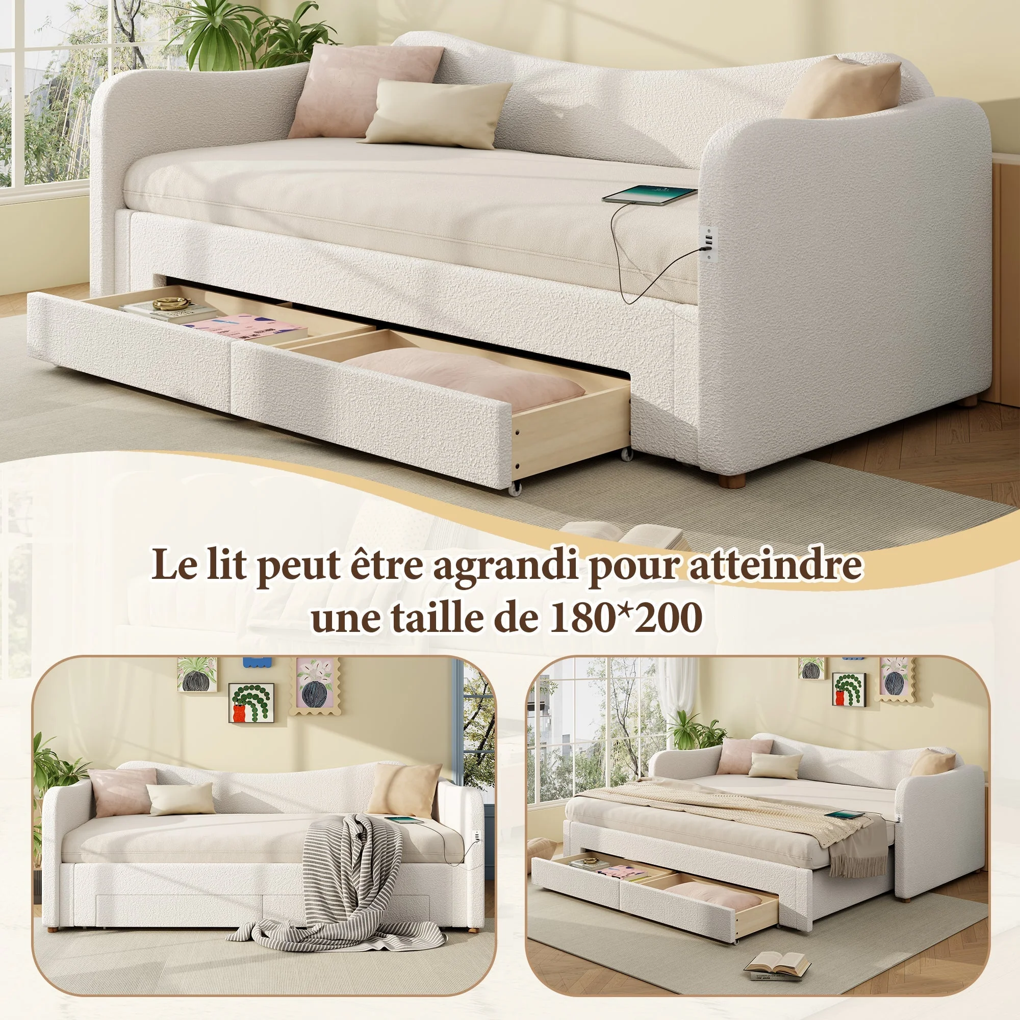 Upholstered Daybed with 2 Drawers, USB Port and Extendable Frame, 90-180x200cm, Beige Bouclé - Image 8
