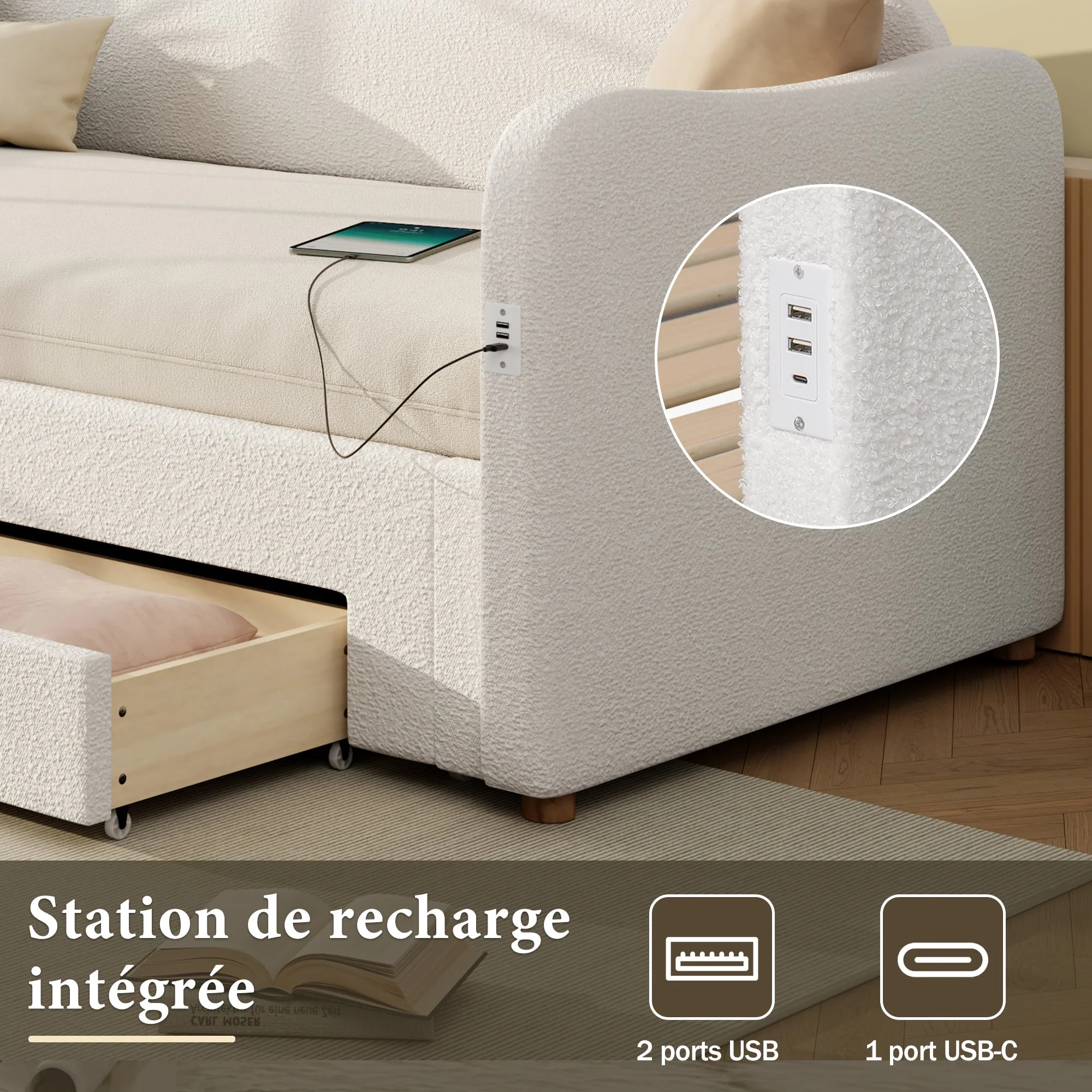 Upholstered Daybed with 2 Drawers, USB Port and Extendable Frame, 90-180x200cm, Beige Bouclé - Image 9