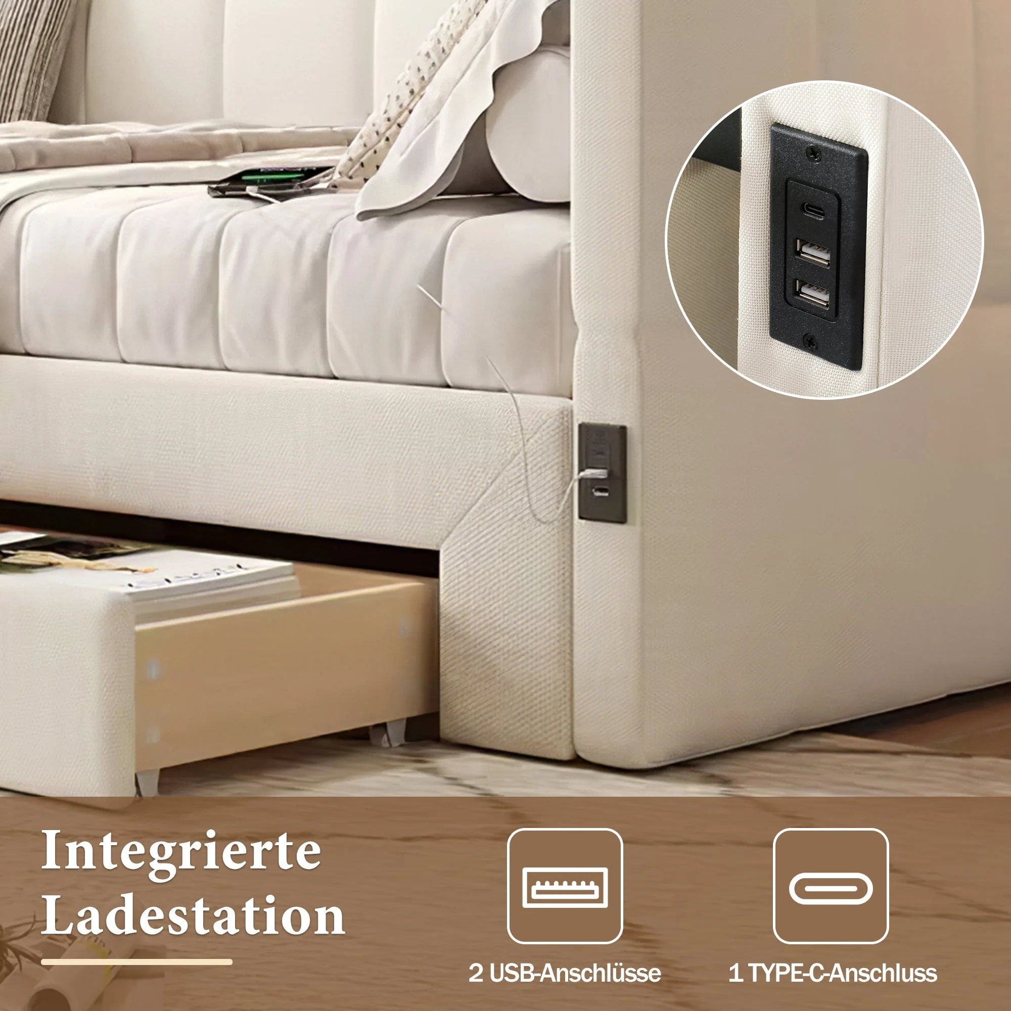 Upholstered Daybed with 2 Storage Drawers and USB Port, Beige Linen - Image 7
