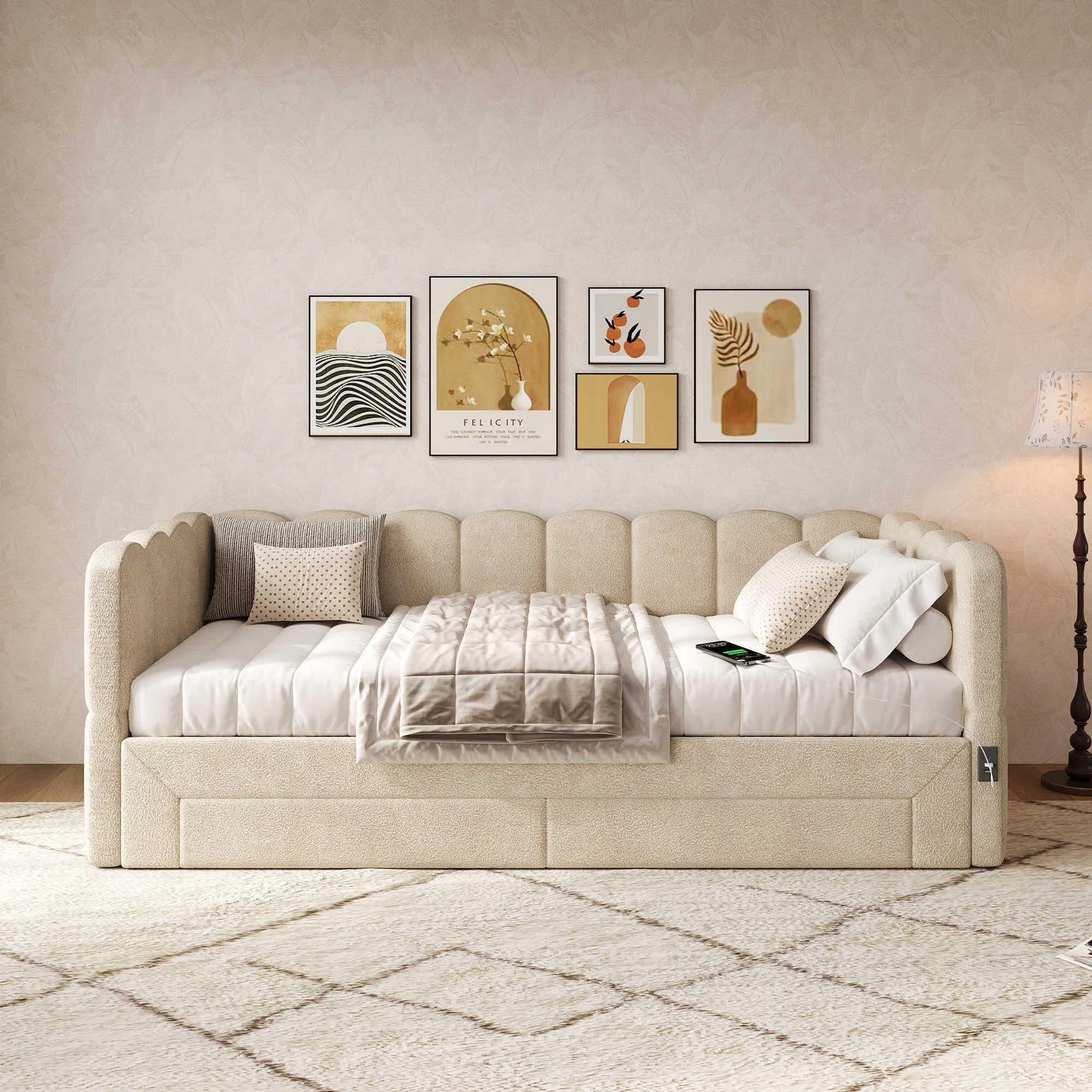 Upholstered Daybed with 2 Storage Drawers, USB Port, Extendable 90x190 to 180 cm, Beige Chenille - Image 3