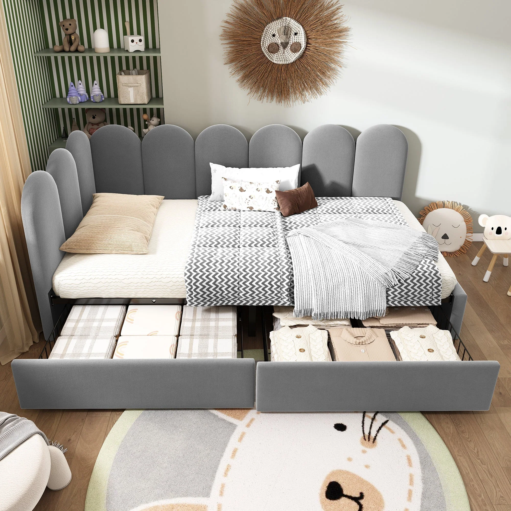 Upholstered Daybed with Drawers and Slatted Frame, 90x200cm, Gray Velvet - Image 6