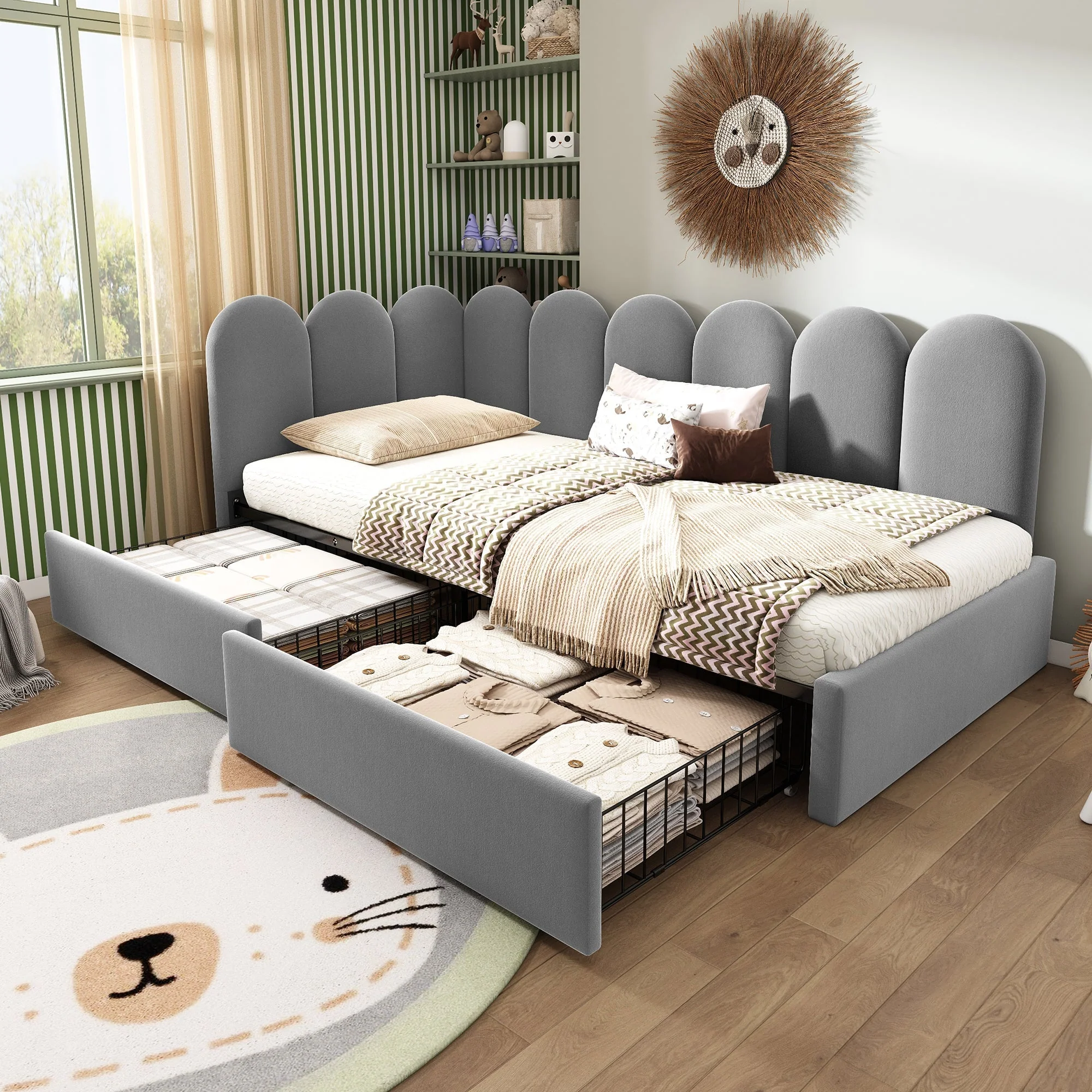 Upholstered Daybed with Drawers and Slatted Frame, 90x200cm, Gray Velvet - Image 7