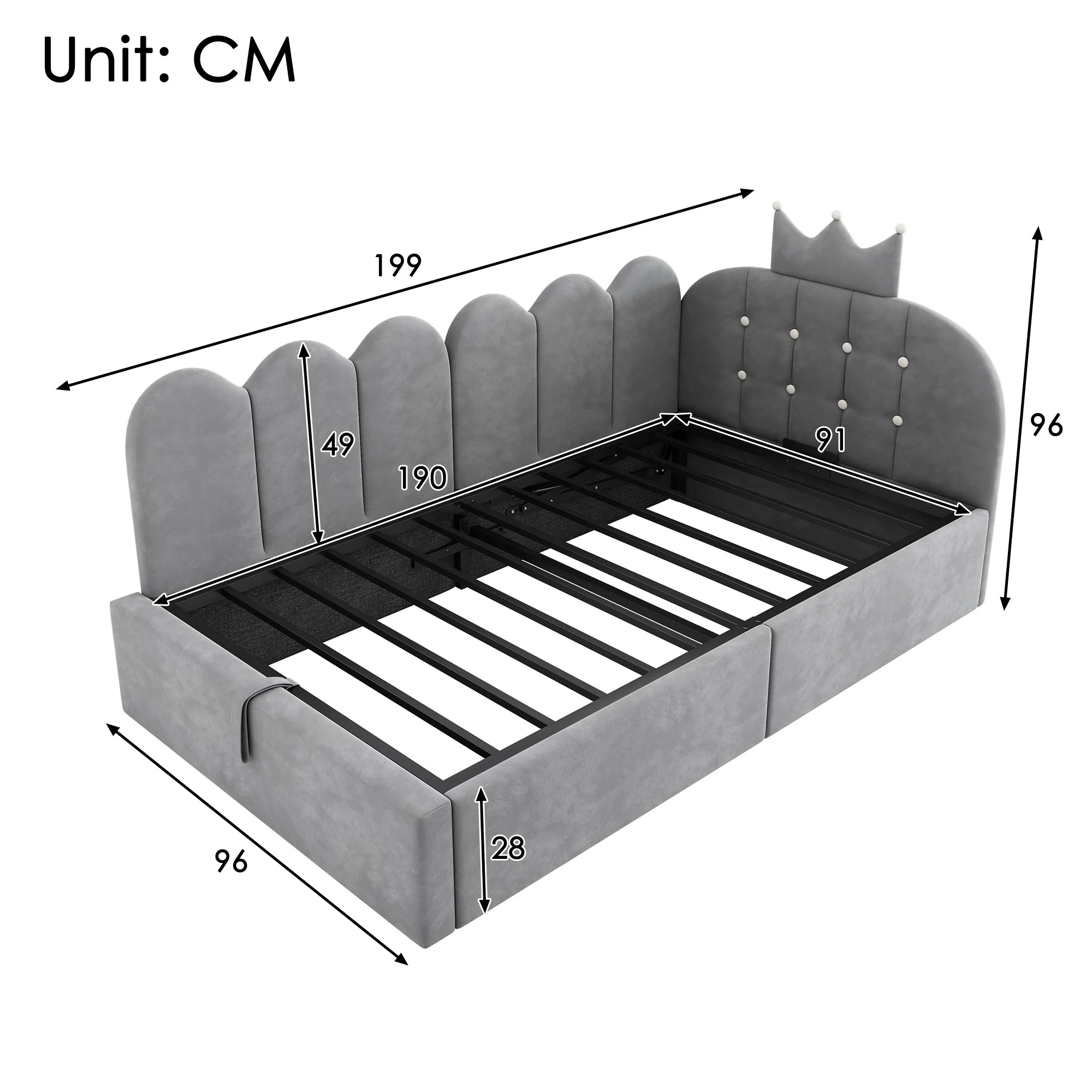 Upholstered Daybed with Hydraulic Storage and Crown-Lattice Design, 90x190cm, Grey Velvet - Image 2