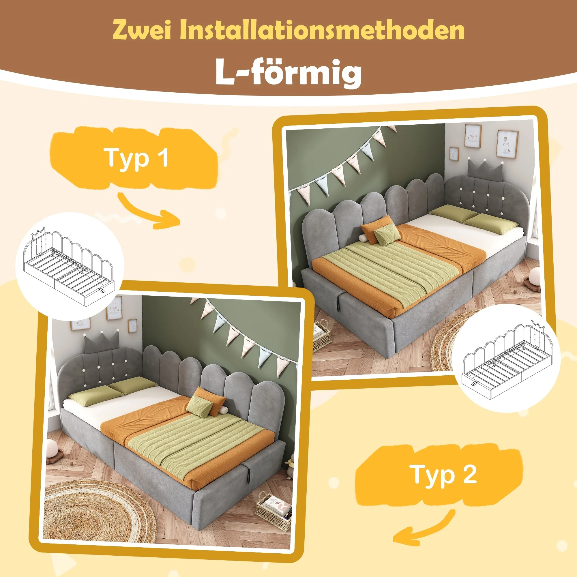 Upholstered Daybed with Hydraulic Storage and Crown-Lattice Design, 90x190cm, Grey Velvet - Image 3