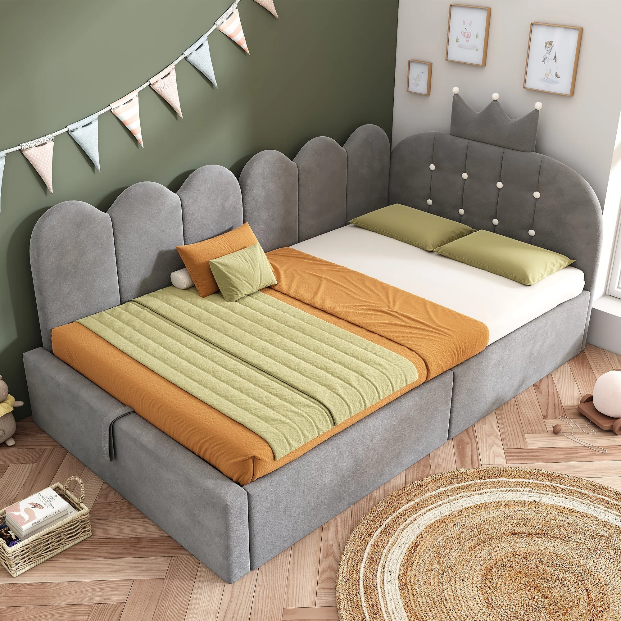 Upholstered Daybed with Hydraulic Storage and Crown-Lattice Design, 90x190cm, Grey Velvet - Image 7