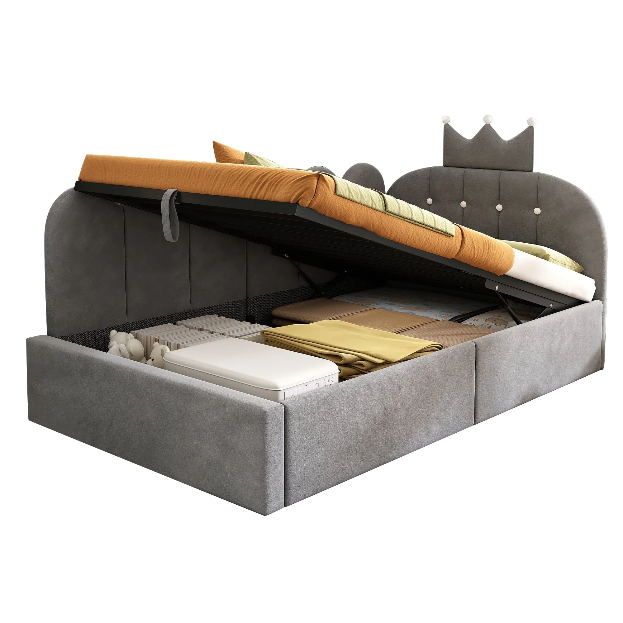 Upholstered Daybed with Hydraulic Storage and Crown-Lattice Design, 90x190cm, Grey Velvet - Image 9