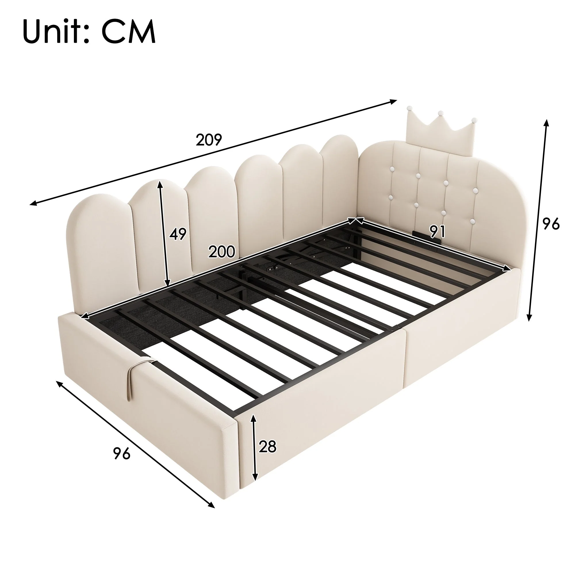 Upholstered Daybed with Hydraulic Storage and Crown-Lattice Design, 90x200cm, Beige Velvet - Image 2