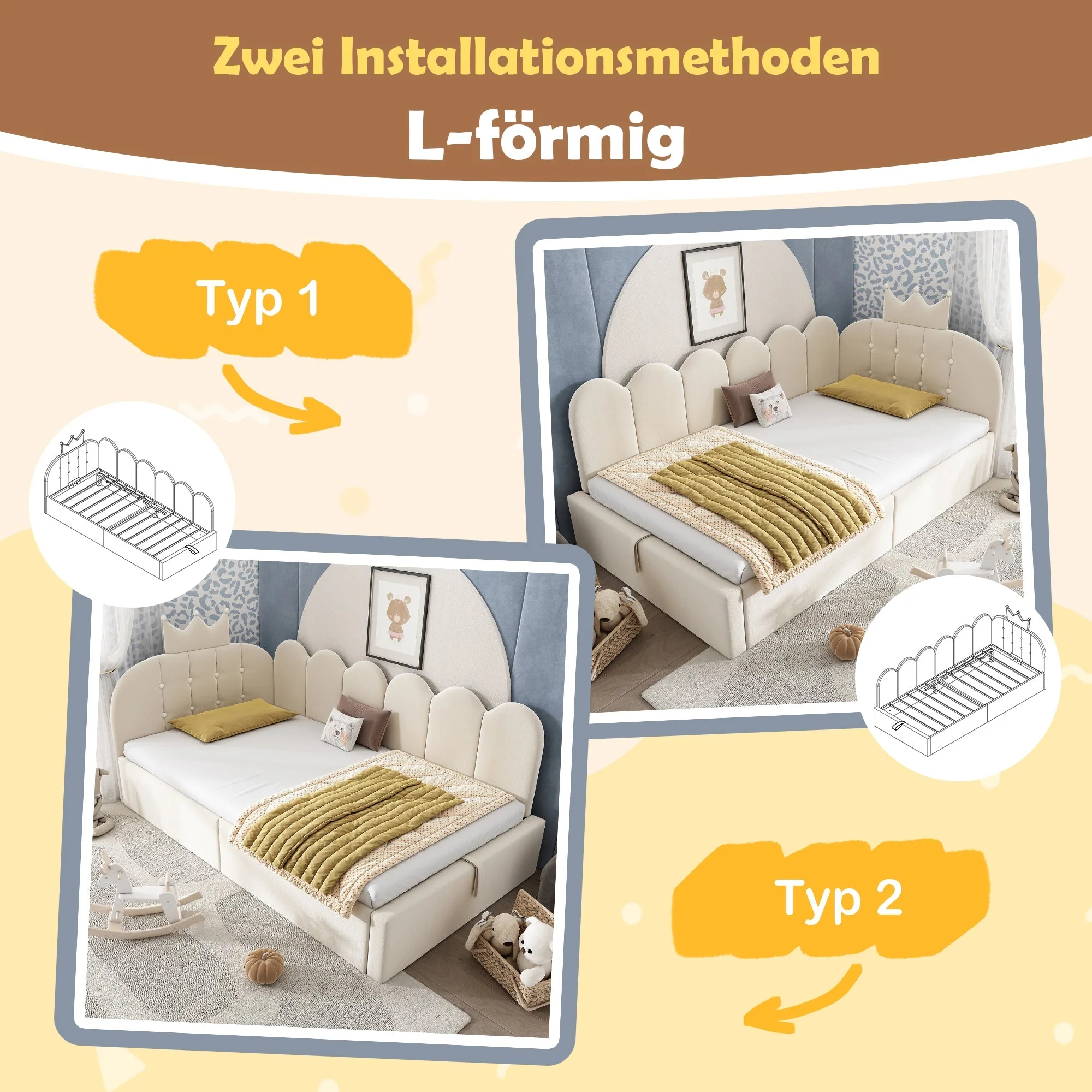 Upholstered Daybed with Hydraulic Storage and Crown-Lattice Design, 90x200cm, Beige Velvet - Image 3