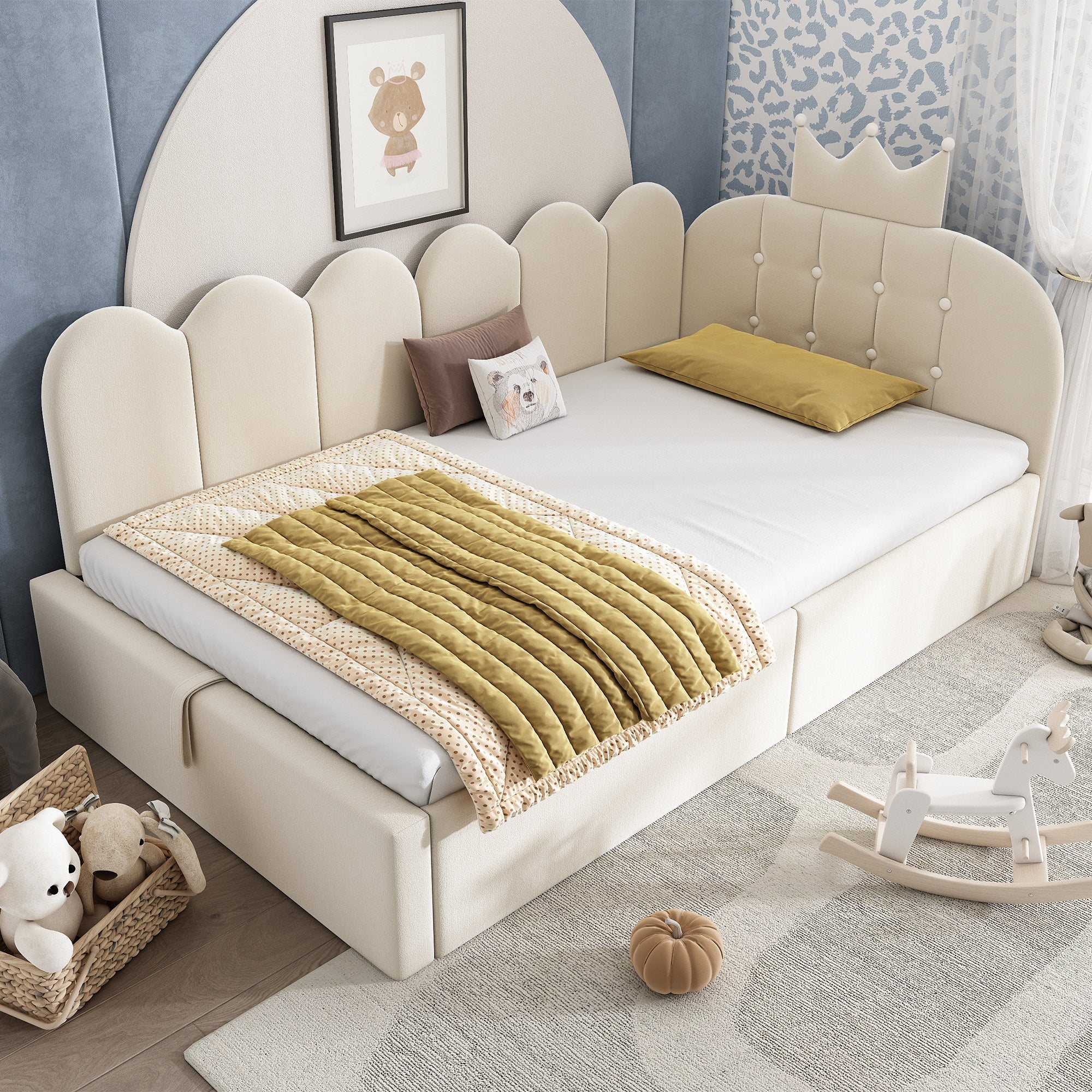 Upholstered Daybed with Hydraulic Storage and Crown-Lattice Design, 90x200cm, Beige Velvet - Image 7