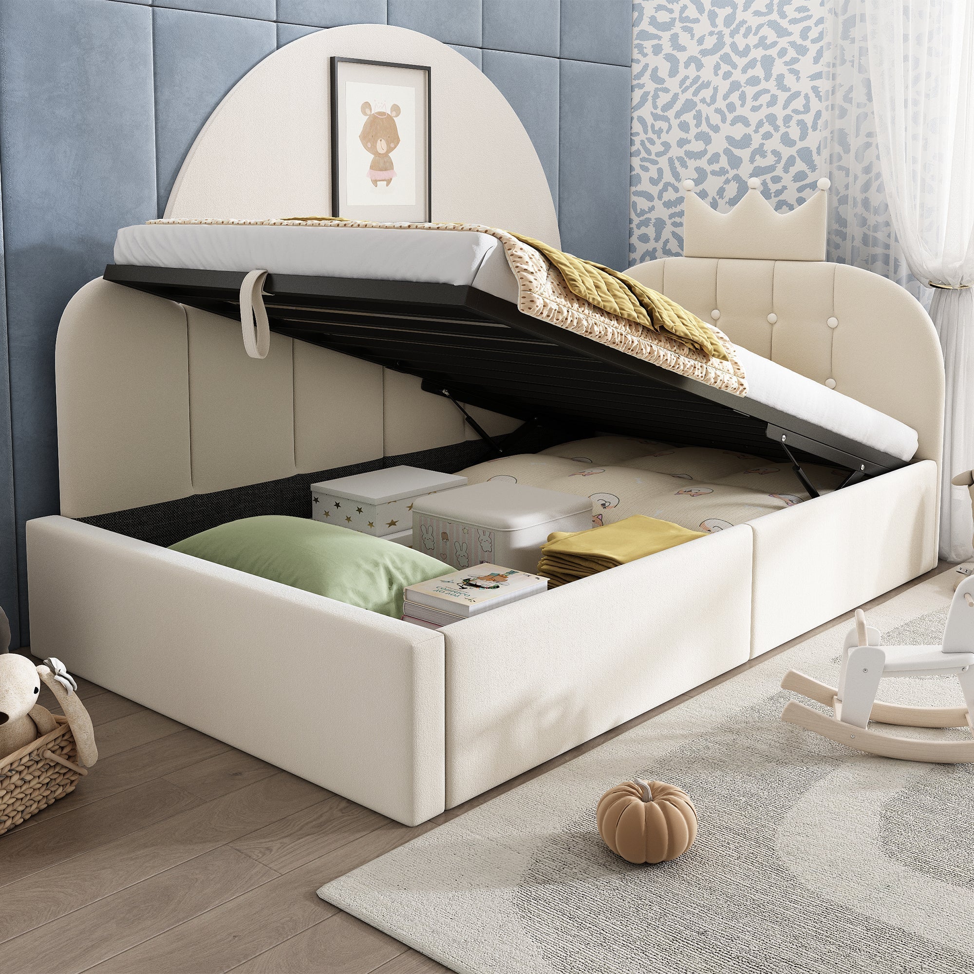 Upholstered Daybed with Hydraulic Storage and Crown-Lattice Design, 90x200cm, Beige Velvet - Image 8