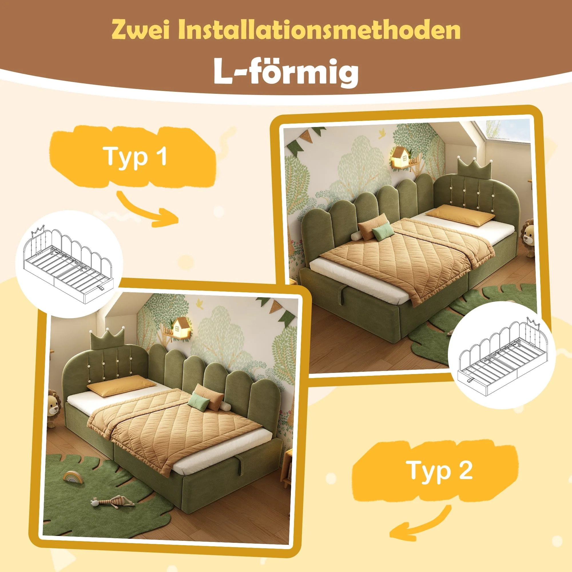 Upholstered Daybed with Hydraulic Storage and L-Shaped Crown-Lattice Design, 90x200cm, Green Velvet - Image 3