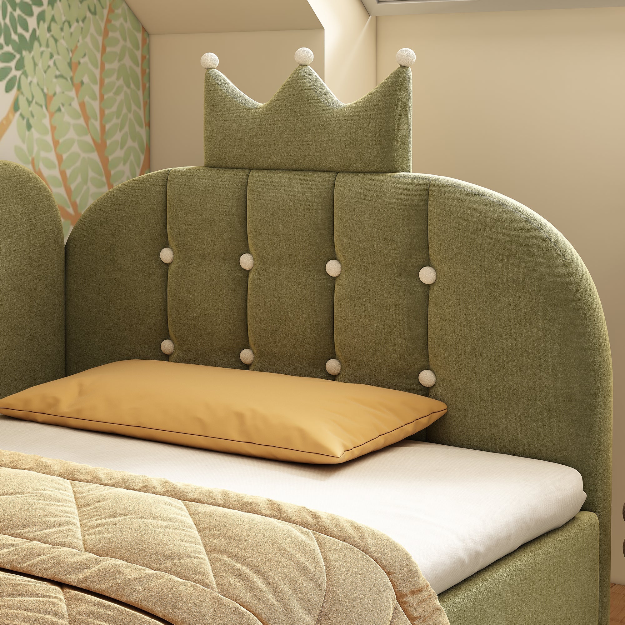 Upholstered Daybed with Hydraulic Storage and L-Shaped Crown-Lattice Design, 90x200cm, Green Velvet - Image 8