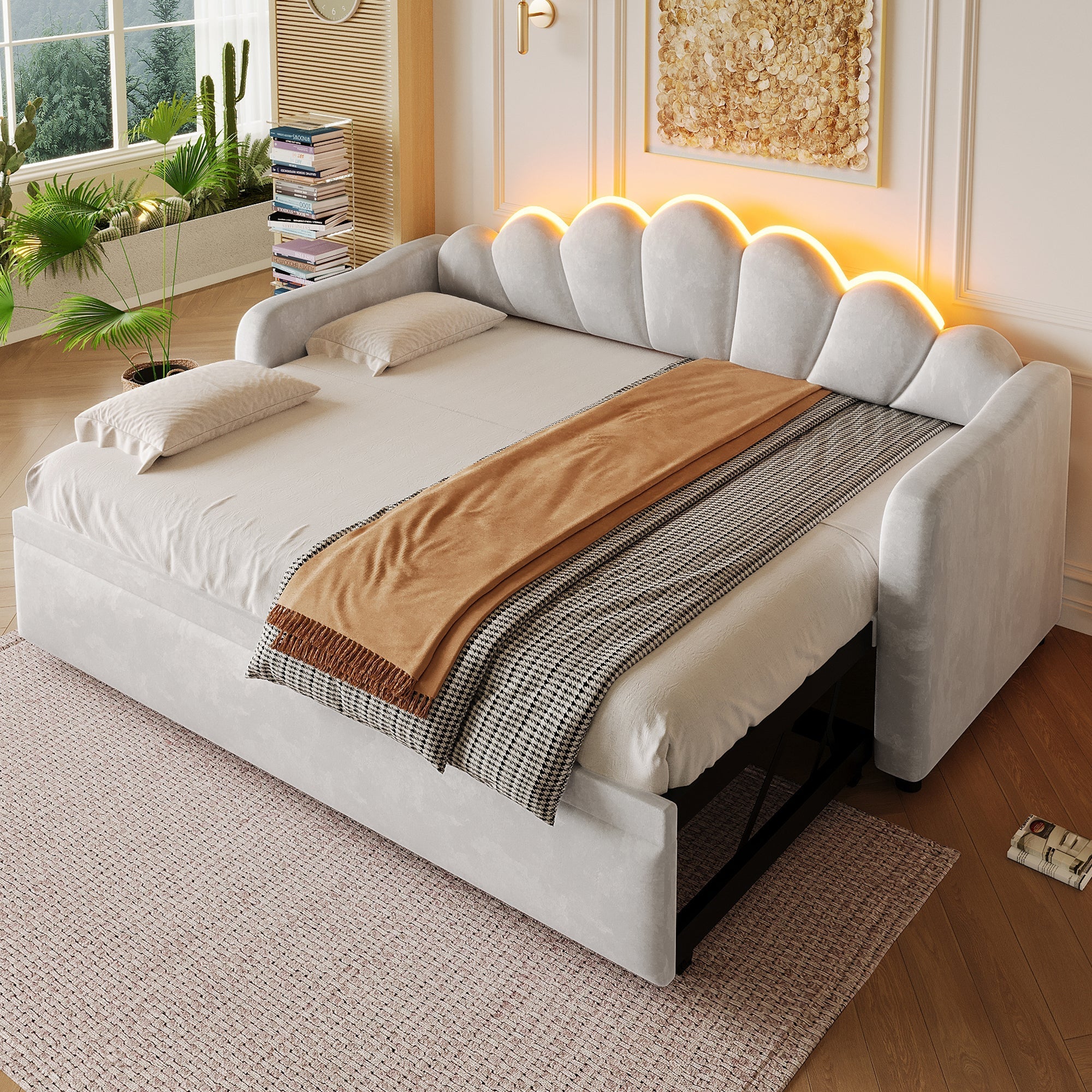 Upholstered Daybed with Pull-out Function and LED Lighting, 90x200cm, Grey - Image 2