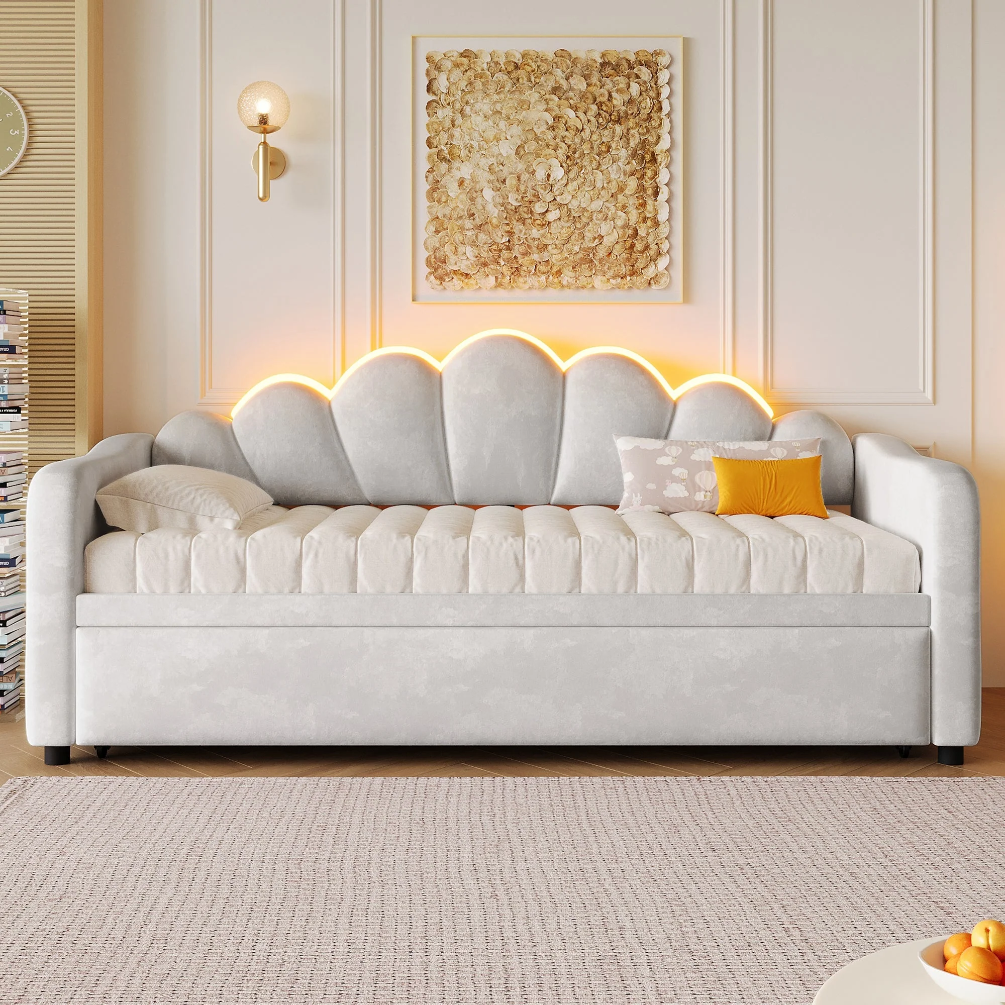 Upholstered Daybed with Pull-out Function and LED Lighting, 90x200cm, Grey - Image 3