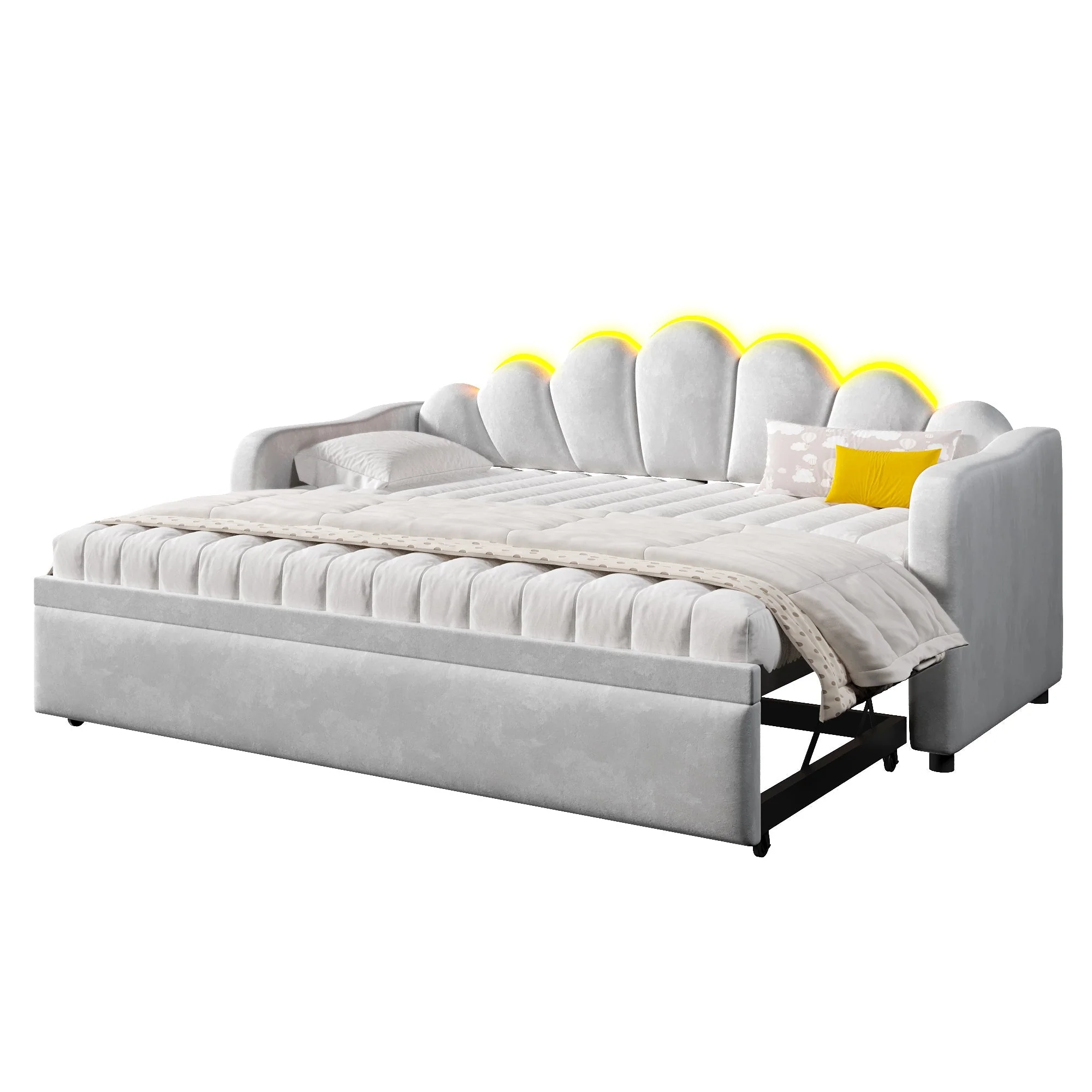 Upholstered Daybed with Pull-out Function and LED Lighting, 90x200cm, Grey - Image 6