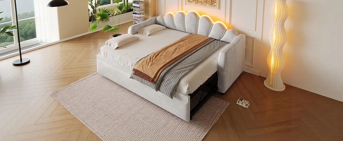 Upholstered Daybed with Pull-out Function and LED Lighting, 90x200cm, Grey - Image 8