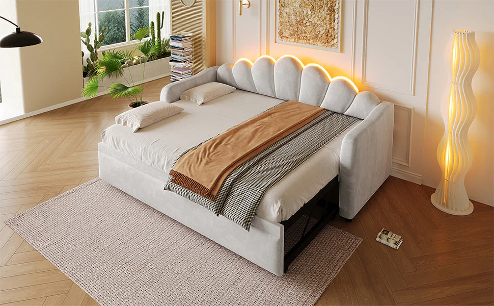 Upholstered Daybed with Pull-out Function and LED Lighting, 90x200cm, Grey - Image 9