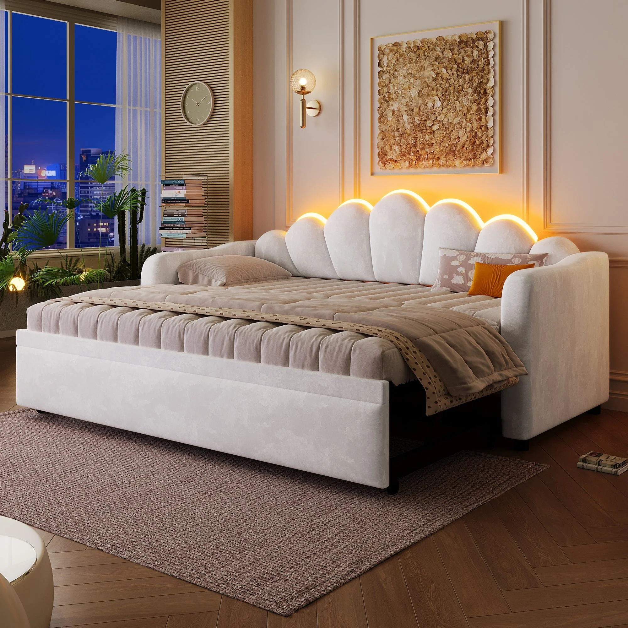 Upholstered Daybed with Pull-out Function and LED Lighting, 90x200cm, White