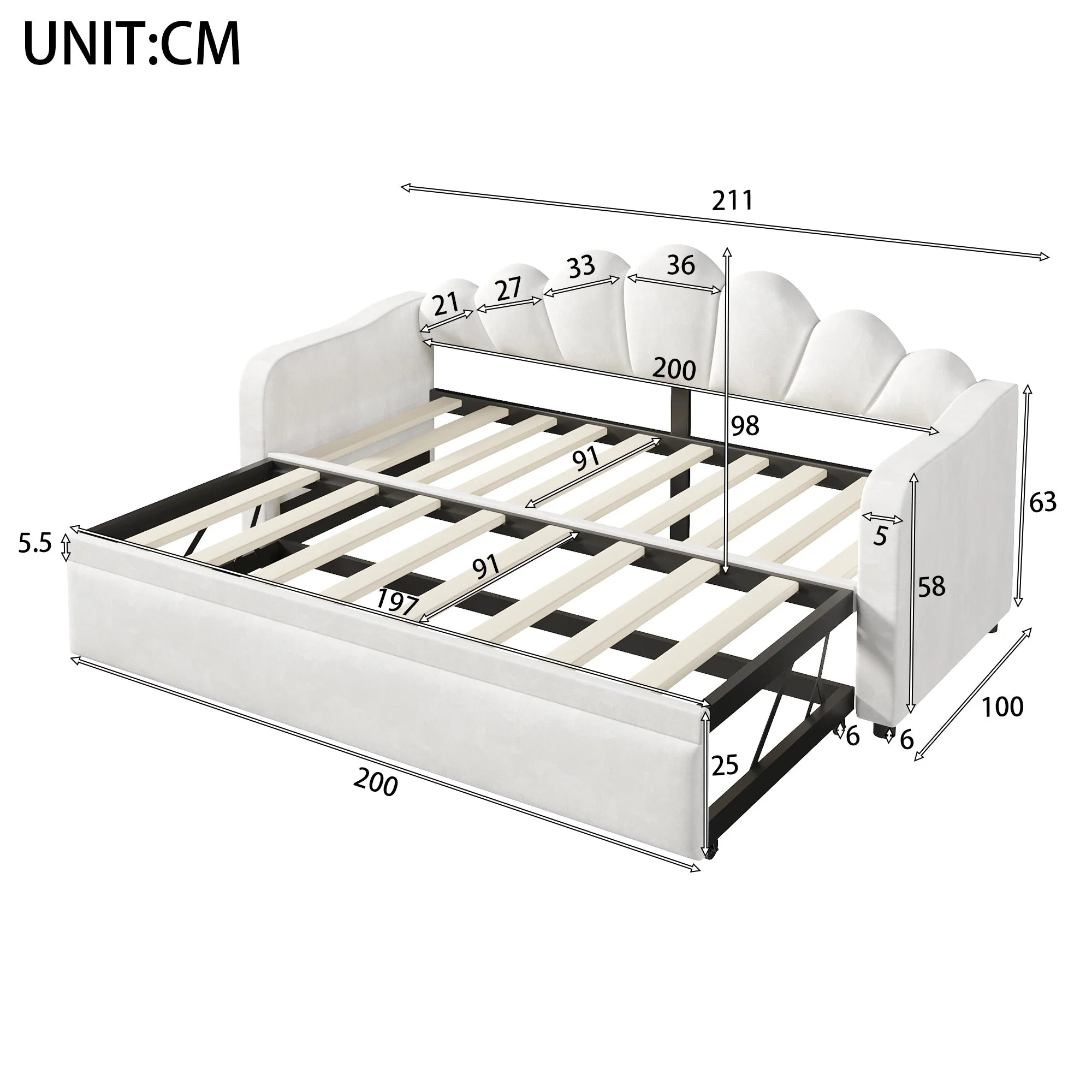 Upholstered Daybed with Pull-out Function and LED Lighting, 90x200cm, White - Image 5