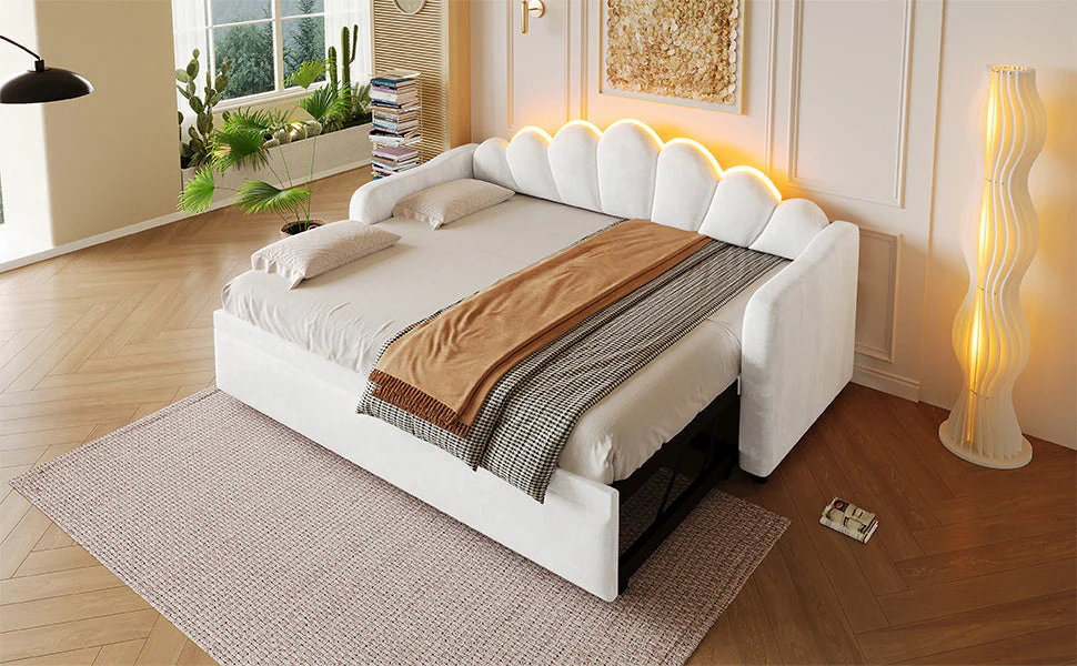 Upholstered Daybed with Pull-out Function and LED Lighting, 90x200cm, White - Image 7