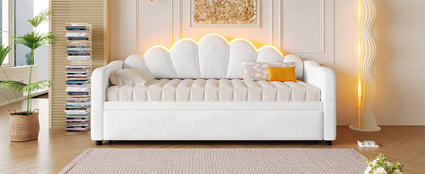 Upholstered Daybed with Pull-out Function and LED Lighting, 90x200cm, White - Image 9