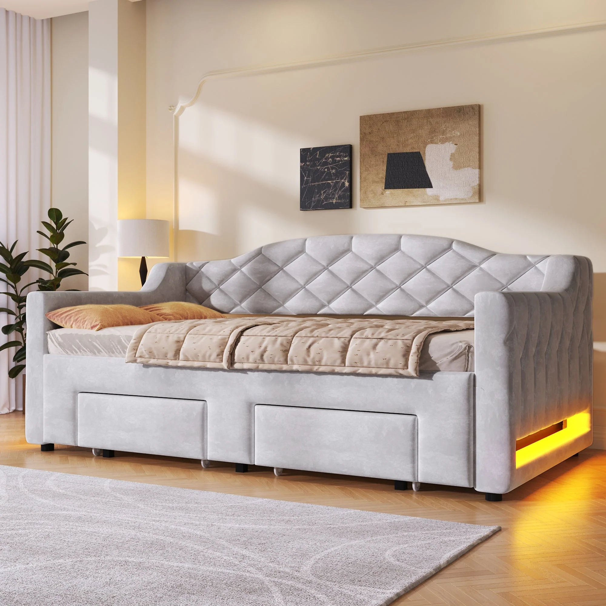Upholstered Daybed with Two Drawers and LED Lighting, 90x200 to 180x200cm, Grey - Image 3