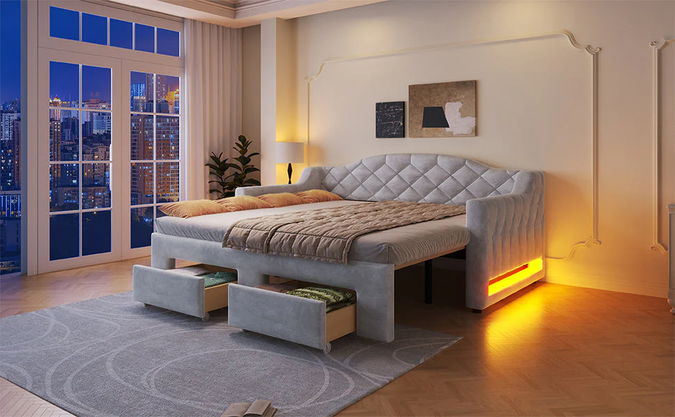 Upholstered Daybed with Two Drawers and LED Lighting, 90x200 to 180x200cm, Grey - Image 8