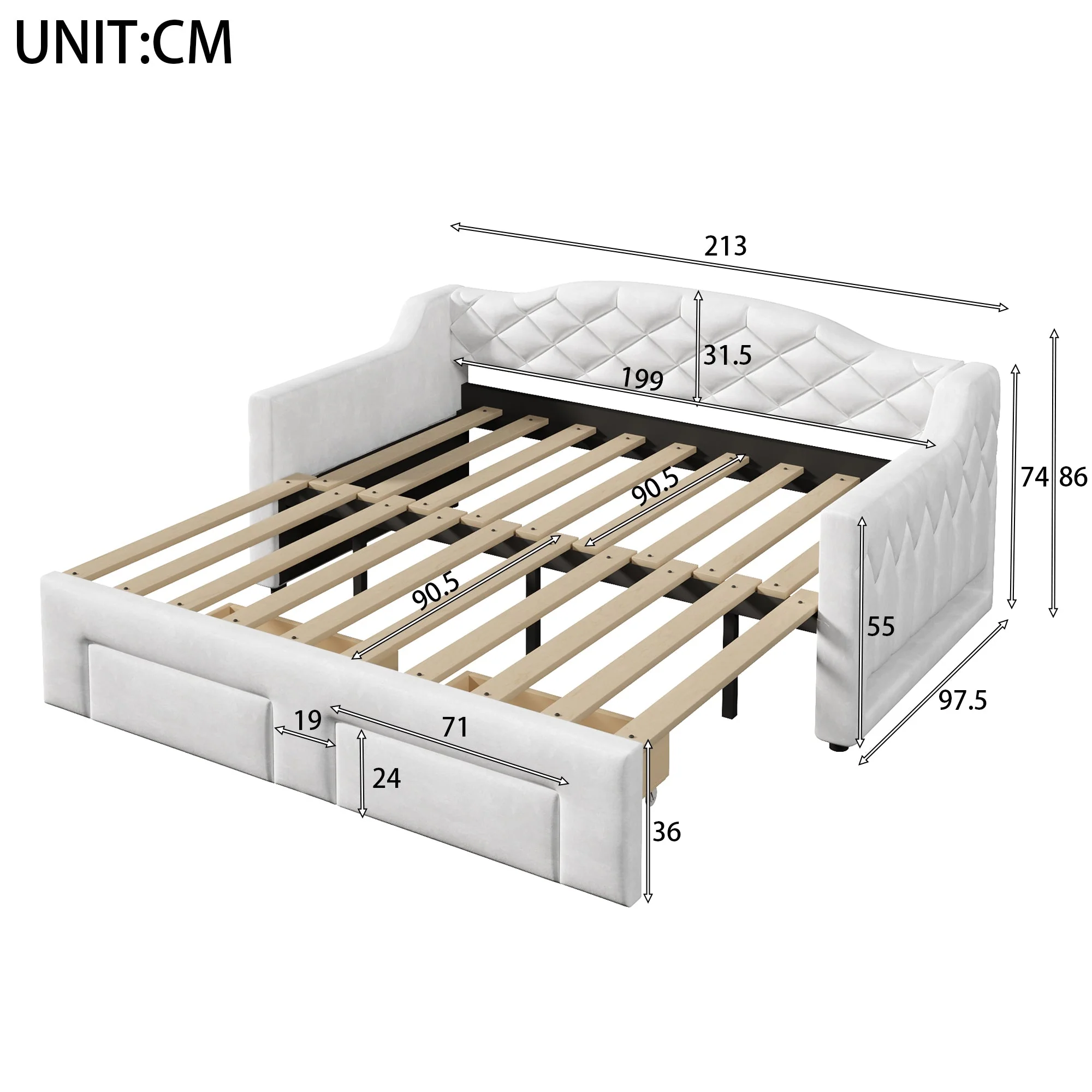 Upholstered Daybed with Two Drawers and LED Lighting, 90x200 to 180x200cm, White - Image 6