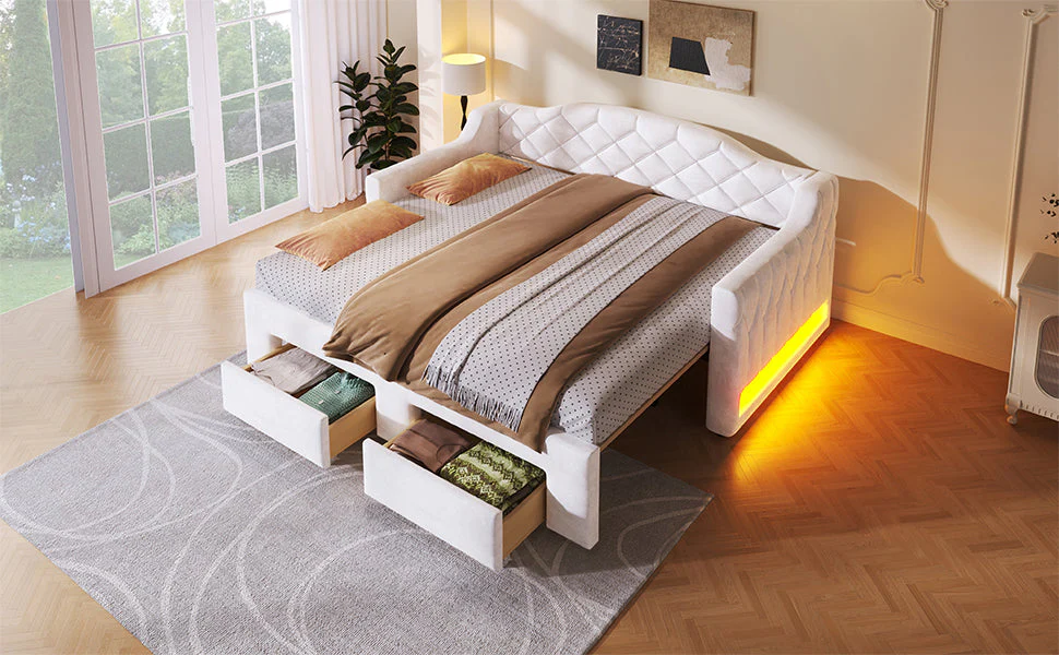 Upholstered Daybed with Two Drawers and LED Lighting, 90x200 to 180x200cm, White - Image 9