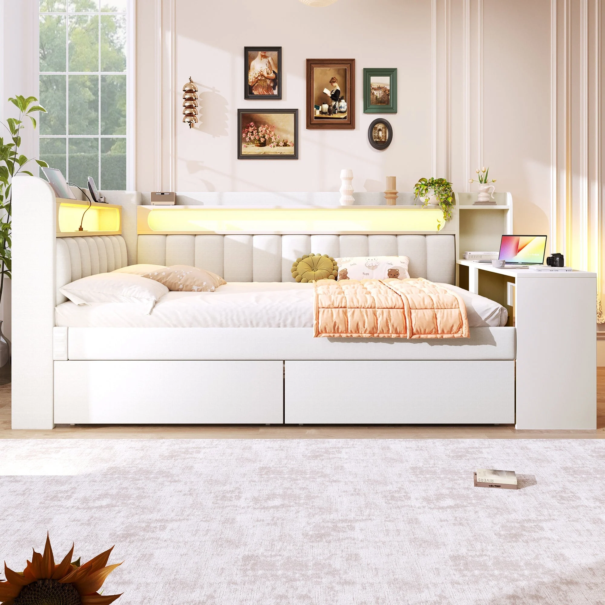 Upholstered Daybed with USB, LED, Desk and 2 Drawers, 140x200cm, White - Image 3