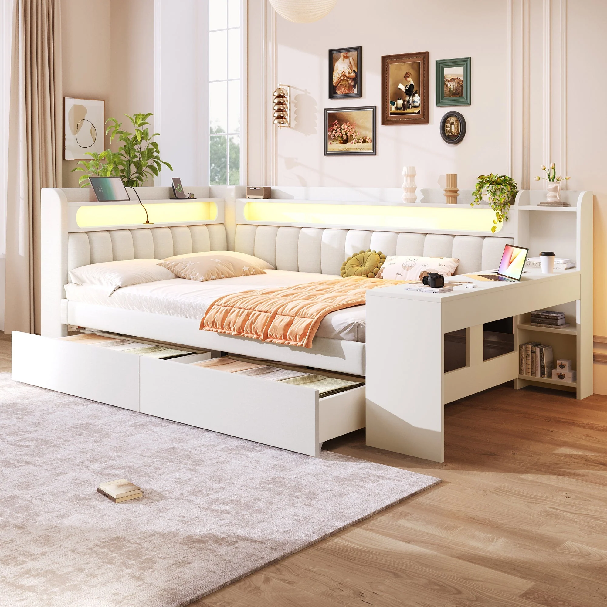 Upholstered Daybed with USB, LED, Desk and 2 Drawers, 140x200cm, White - Image 4