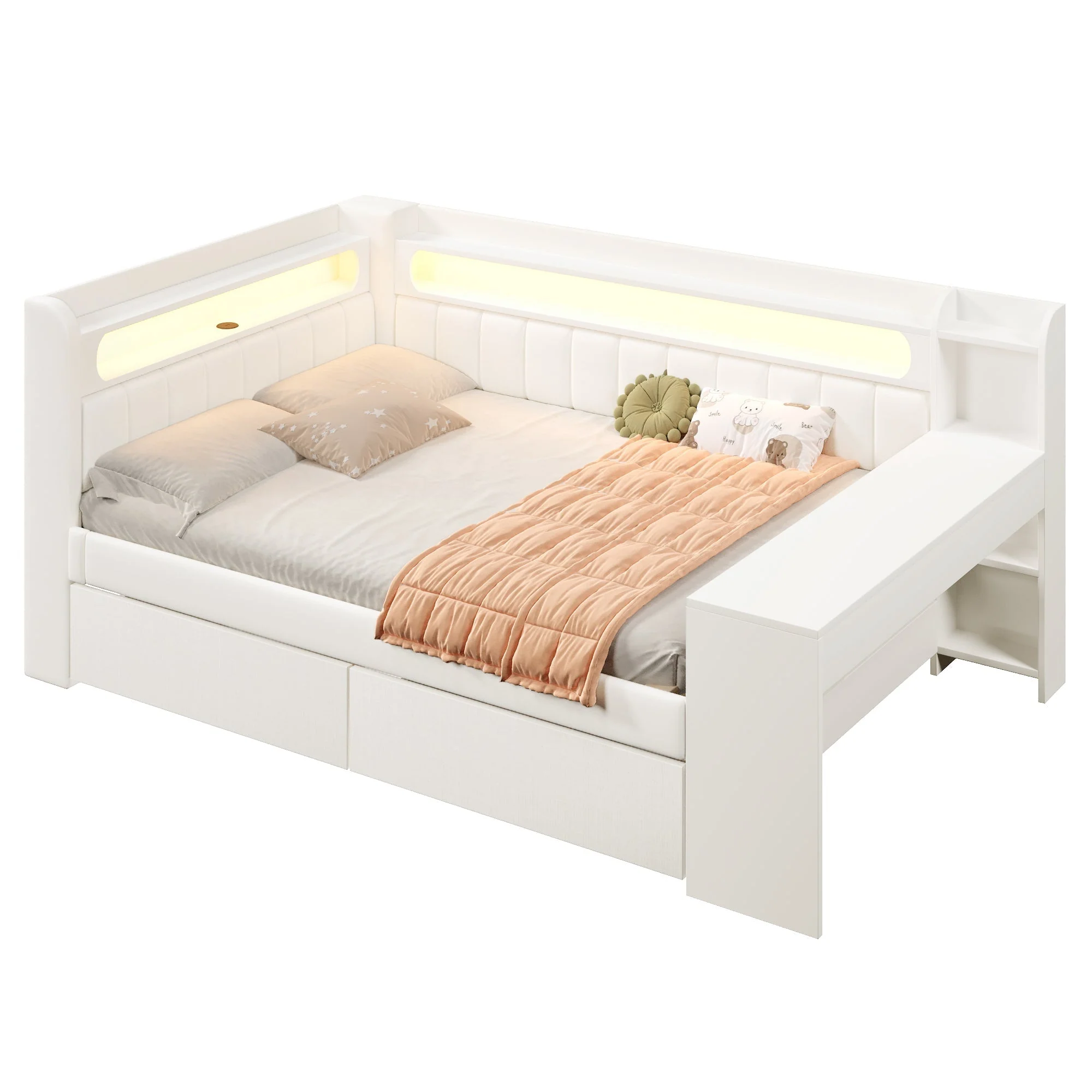 Upholstered Daybed with USB, LED, Desk and 2 Drawers, 140x200cm, White - Image 5