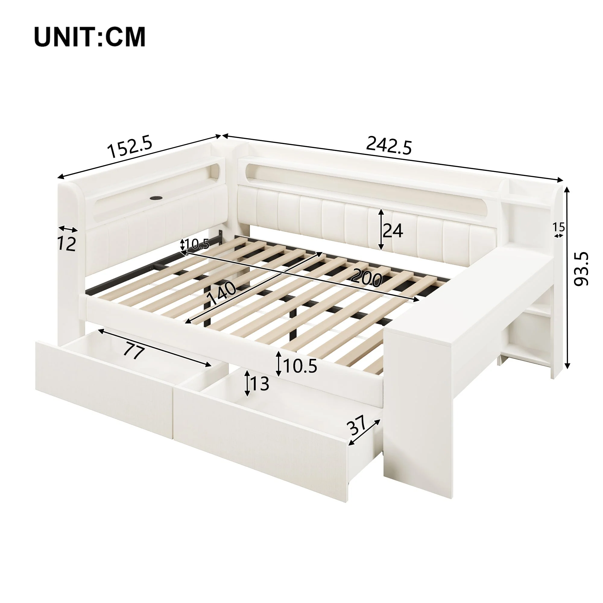 Upholstered Daybed with USB, LED, Desk and 2 Drawers, 140x200cm, White - Image 6