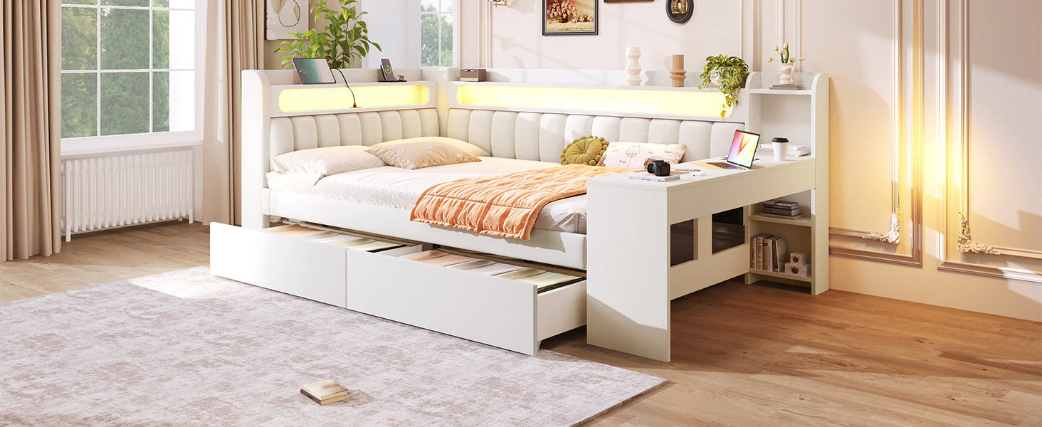 Upholstered Daybed with USB, LED, Desk and 2 Drawers, 140x200cm, White - Image 8