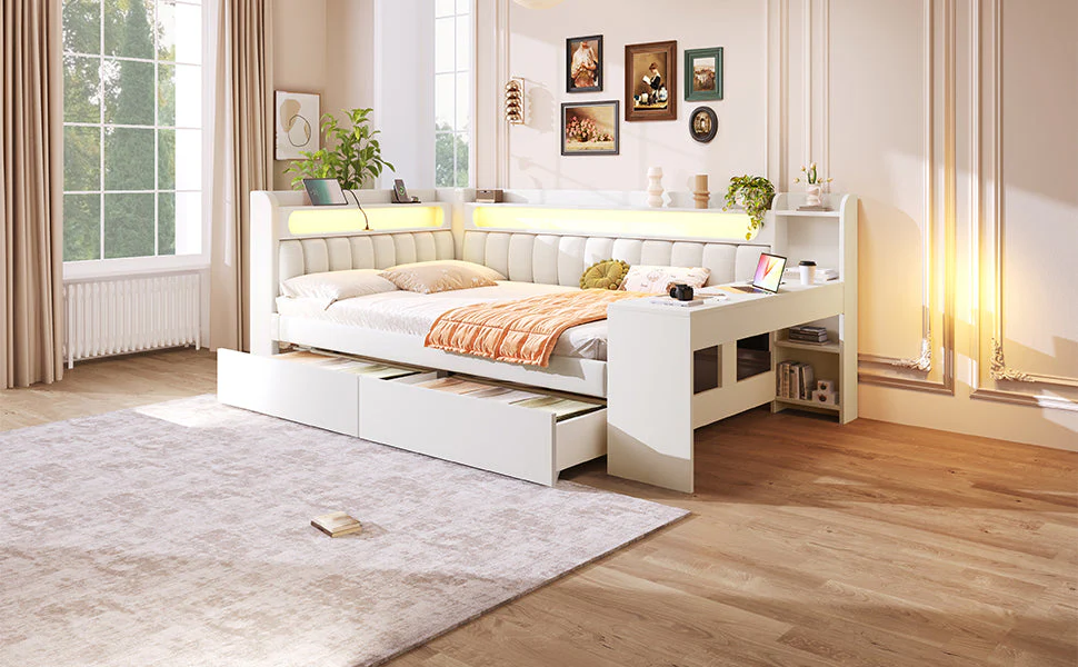 Upholstered Daybed with USB, LED, Desk and 2 Drawers, 140x200cm, White - Image 9