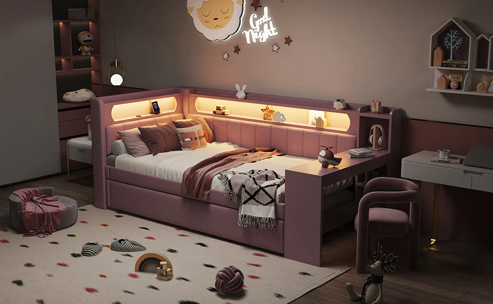 Upholstered Daybed with USB, LED, Pull-out Bed and Desk, 90x200cm, Pink - Image 9